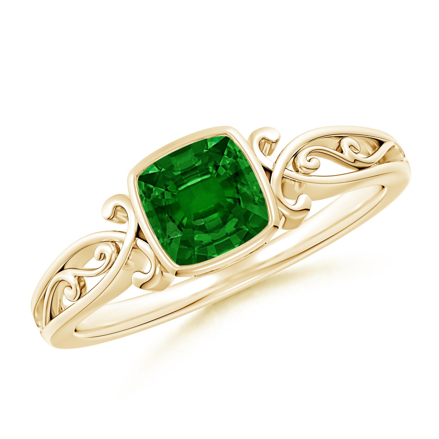 5mm AAAA Vintage Style Cushion Emerald Solitaire Ring in Yellow Gold