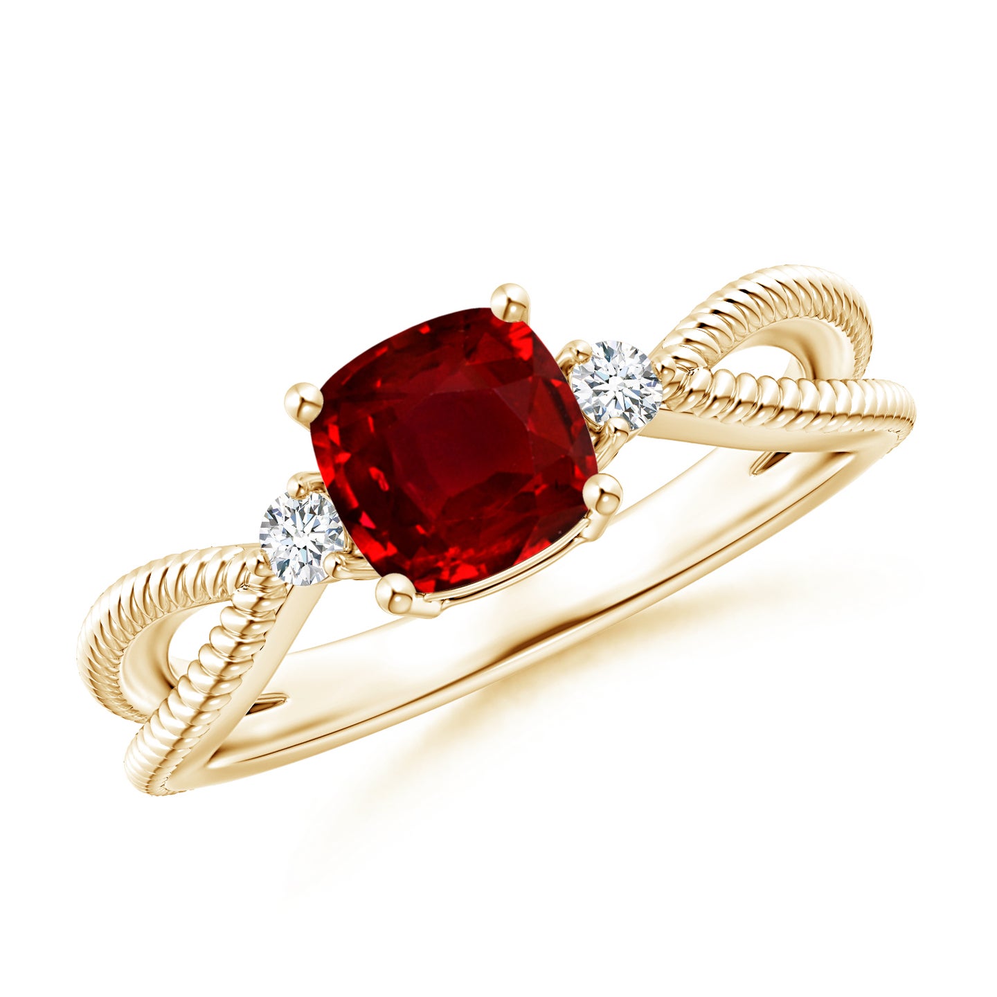 Cushion Ruby Split Shank Ring With Rope Detailing