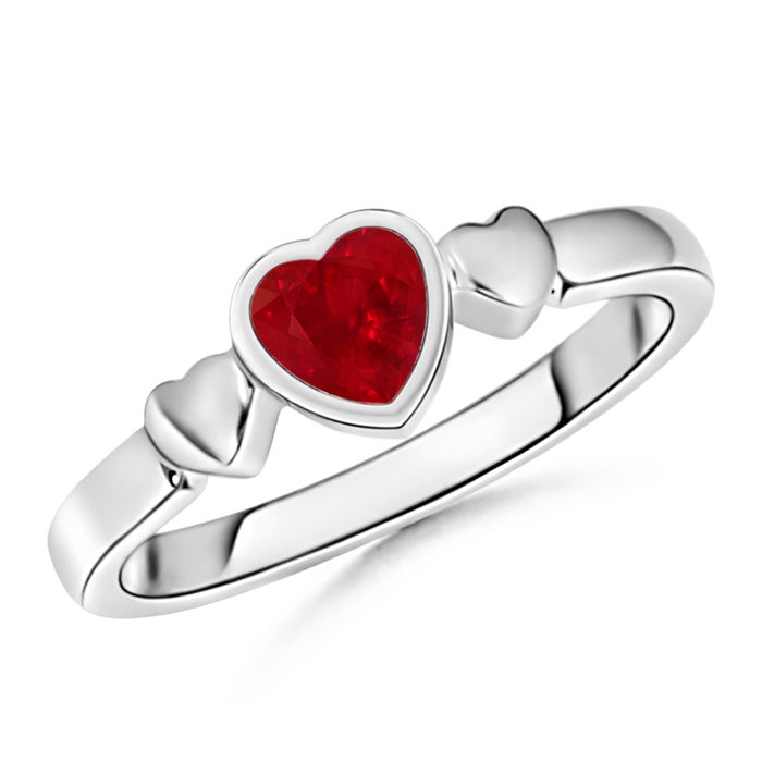 5mm AAA Bezel-Set Solitaire Ruby Triple Heart Ring in Silver