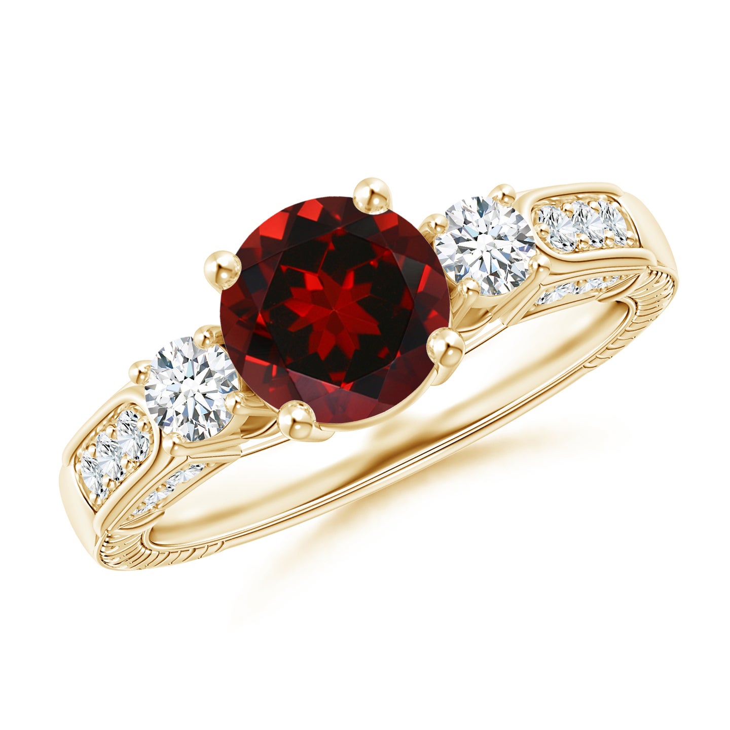 7mm AAAA Three Stone Round Garnet and Diamond Ring in Yellow Gold