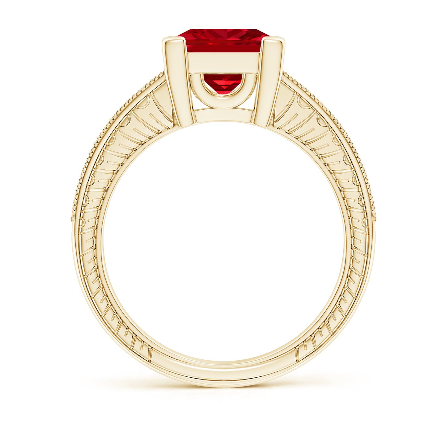Square Cut Ruby Solitaire Ring With Milgrain Detailing