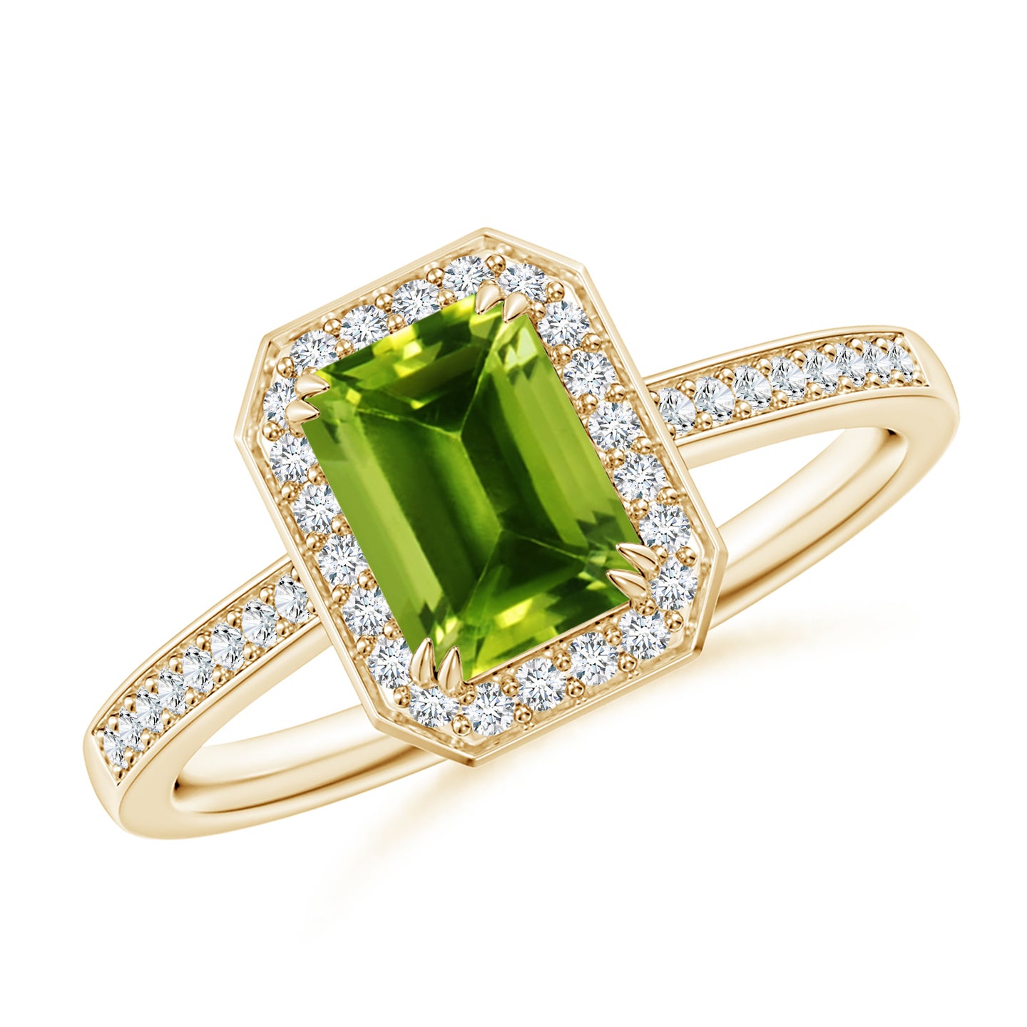 7x5mm AAAA Emerald-Cut Peridot Engagement Ring with Diamond Halo in Yellow Gold