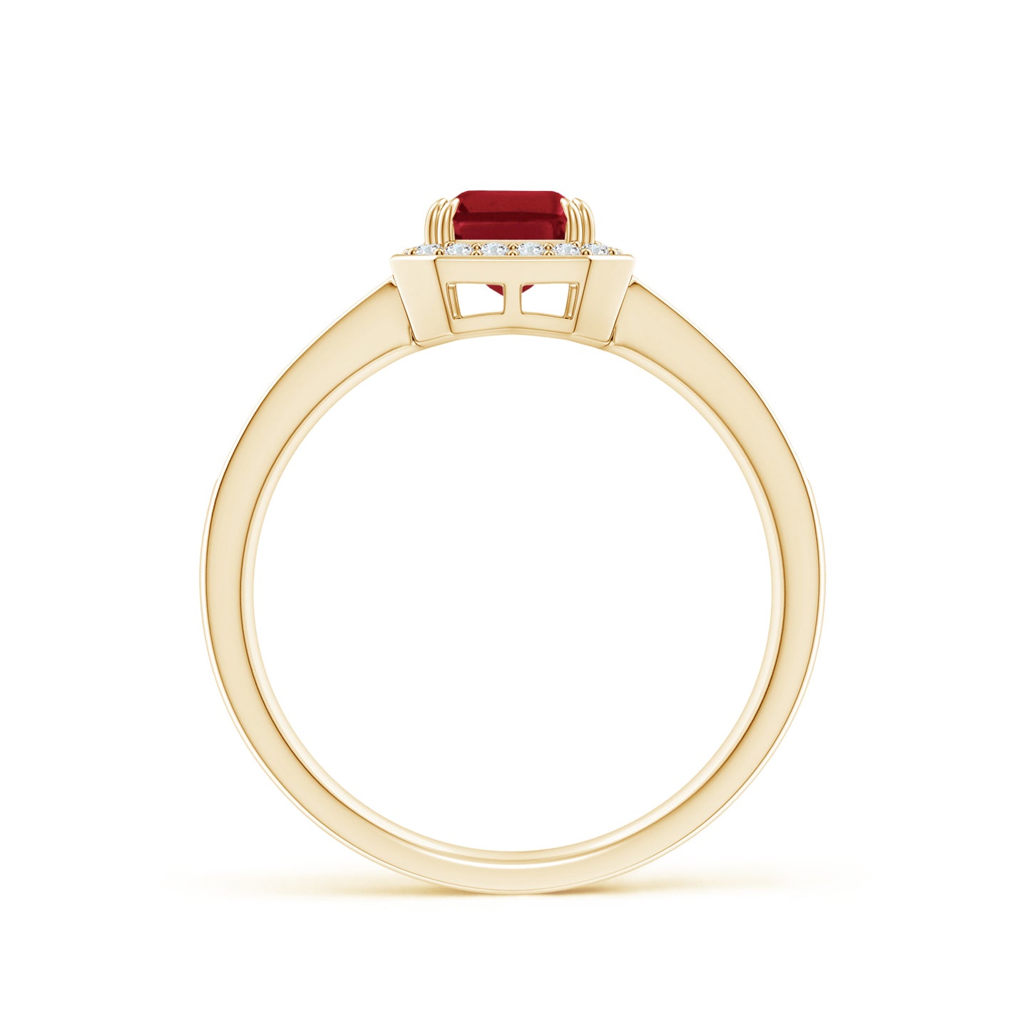 7x5mm AA Emerald-Cut Ruby Engagement Ring with Diamond Halo in Yellow Gold