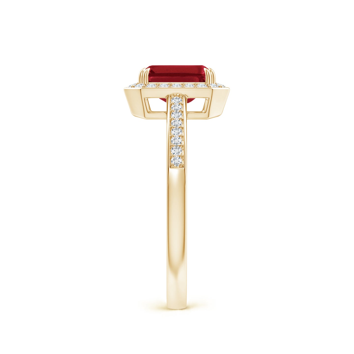 7x5mm AA Emerald-Cut Ruby Engagement Ring with Diamond Halo in Yellow Gold