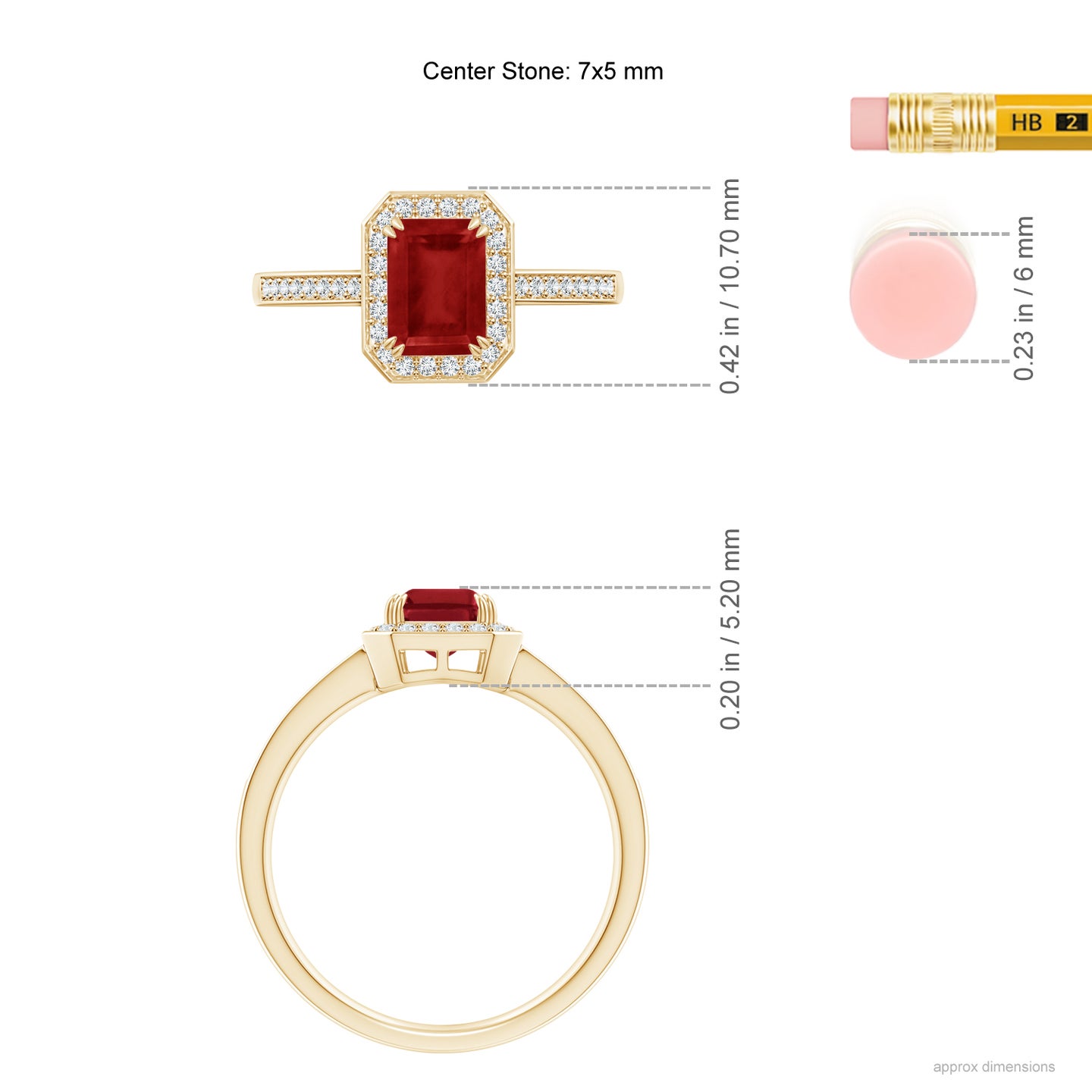 7x5mm AA Emerald-Cut Ruby Engagement Ring with Diamond Halo in Yellow Gold