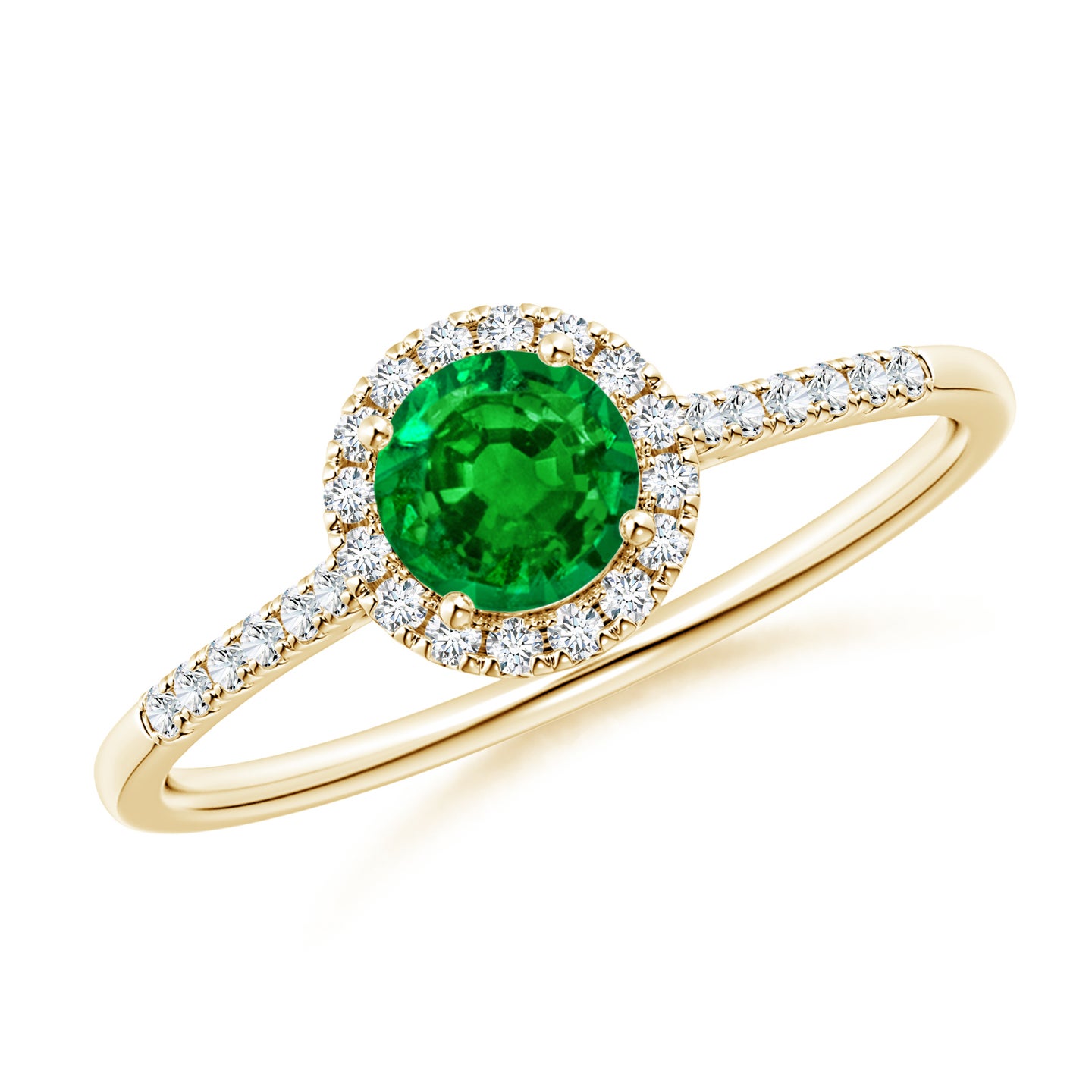 5mm AAAA Round Emerald Halo Ring with Diamond Accents in Yellow Gold 5mm AAAA Round Emerald Halo Ring with Diamond Accents in Yellow Gold