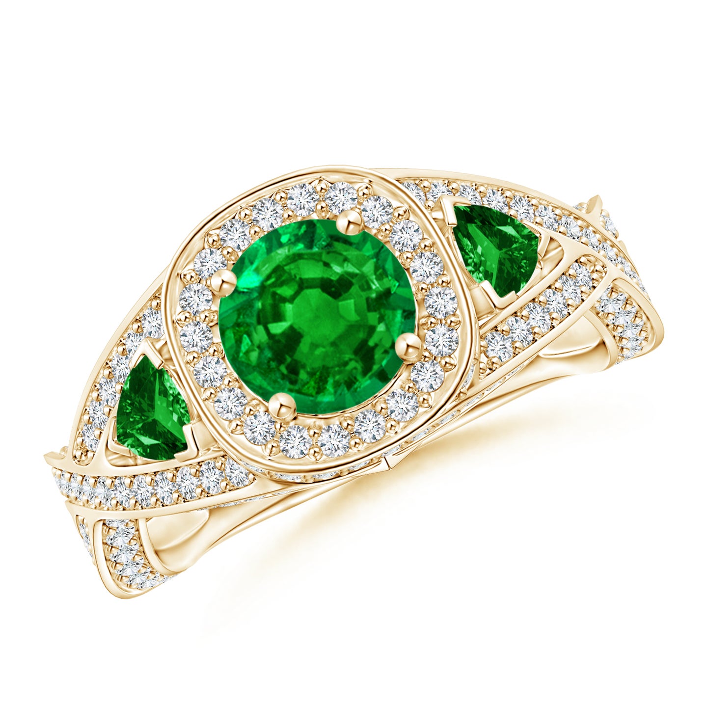 6mm AAAA Emerald Criss Cross Ring with Diamond Halo in Yellow Gold