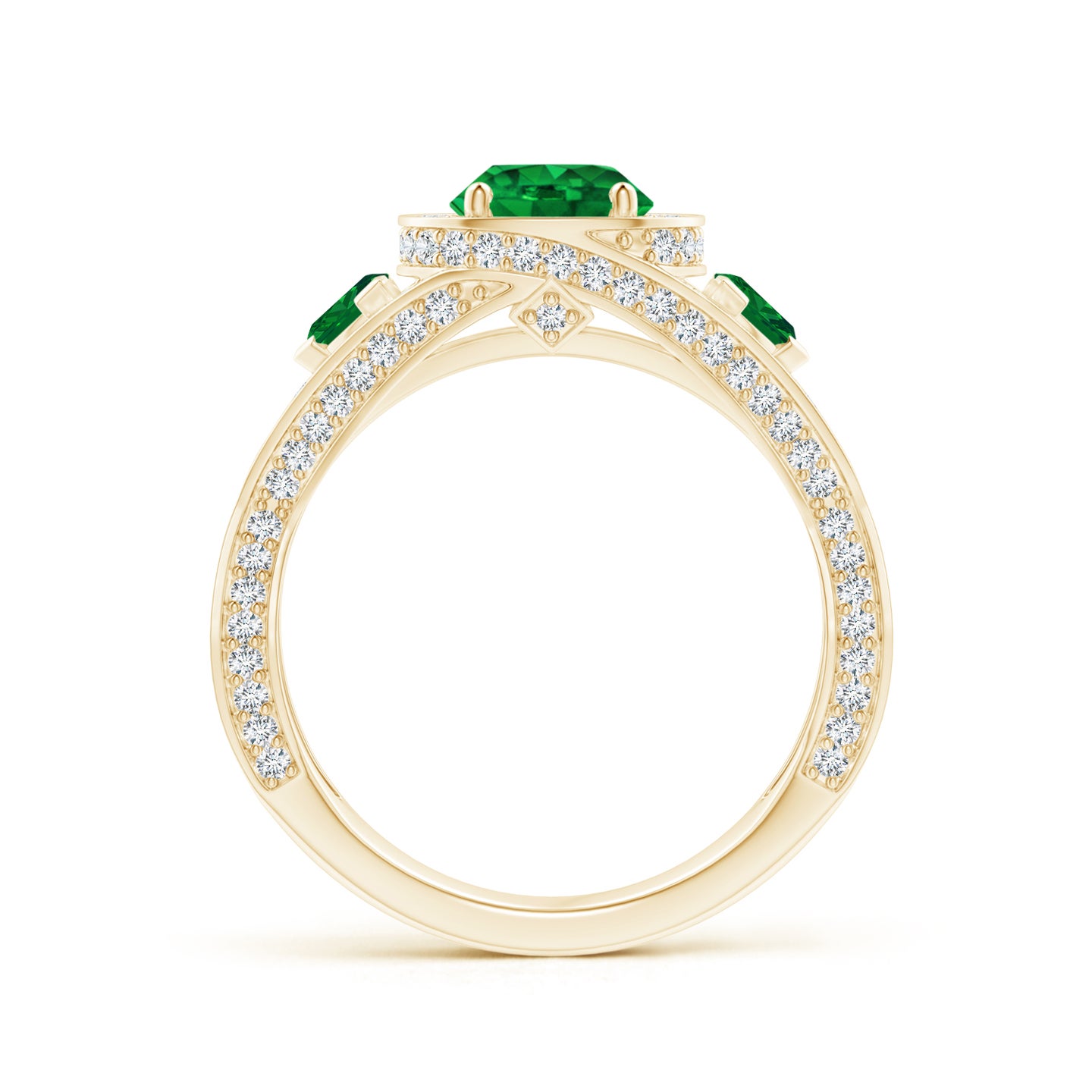 6mm AAAA Emerald Criss Cross Ring with Diamond Halo in Yellow Gold