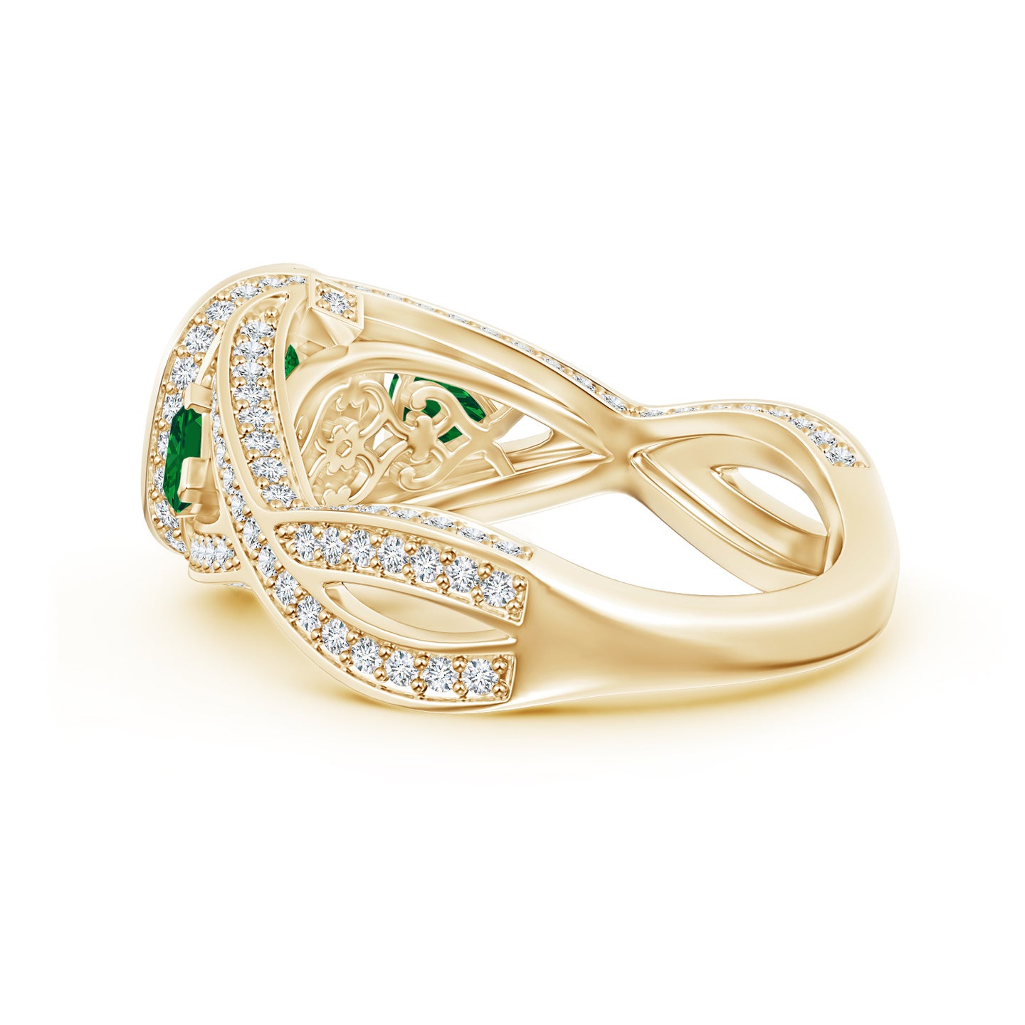 6mm AAAA Emerald Criss Cross Ring with Diamond Halo in Yellow Gold