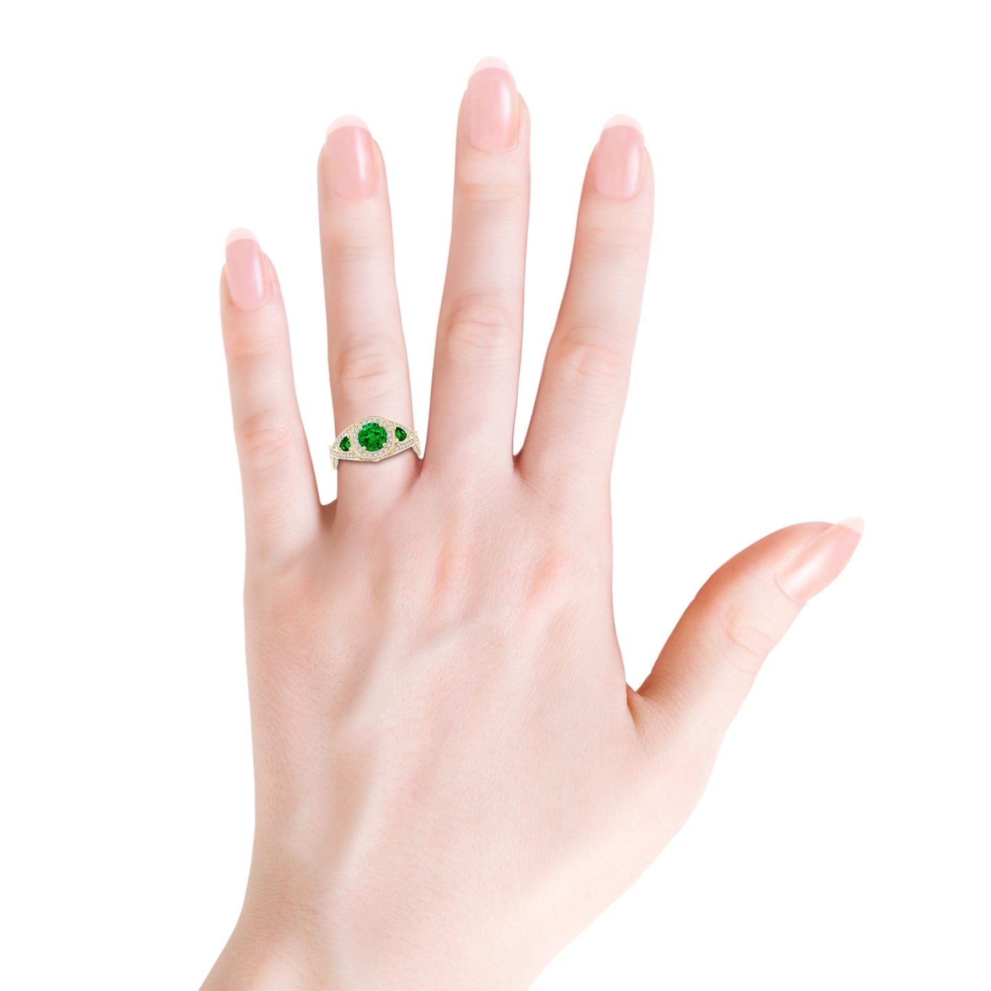 6mm AAAA Emerald Criss Cross Ring with Diamond Halo in Yellow Gold