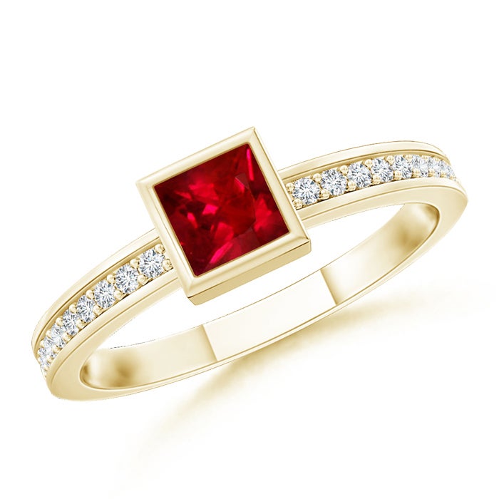 3mm AAAA Bezel-Set Square Ruby Stackable Promise Ring in Yellow Gold