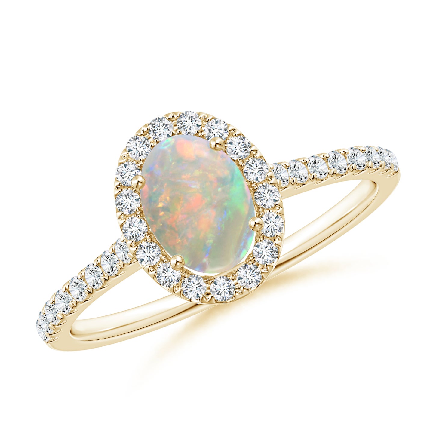 7x5mm AAAA Oval Opal Halo Ring with Diamond Accents in Yellow Gold