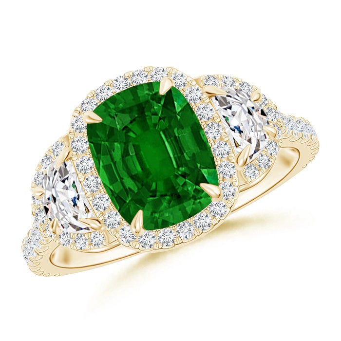 8x6mm AAAA Cushion Emerald and Half Moon Diamond Halo Ring in Yellow Gold