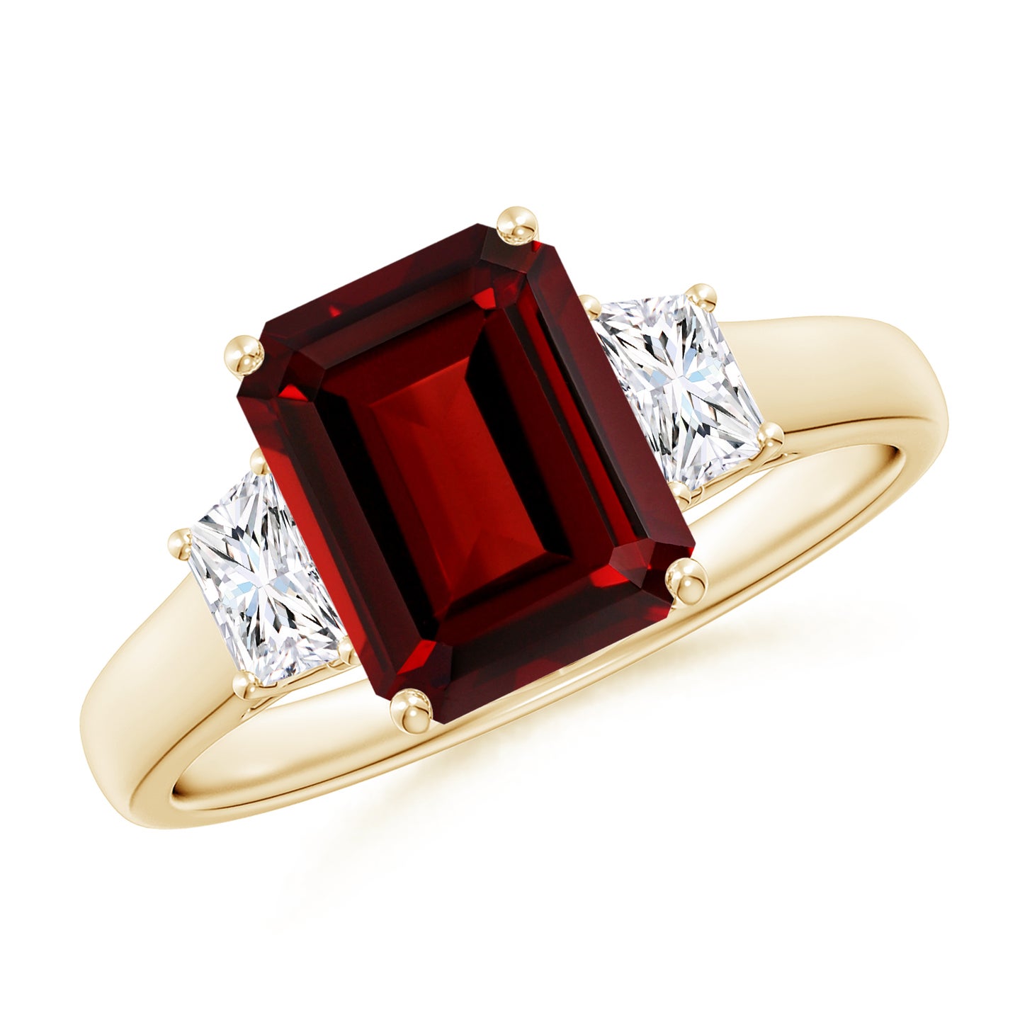 9x7mm AAAA Three Stone Emerald-Cut Garnet and Diamond Ring in Yellow Gold