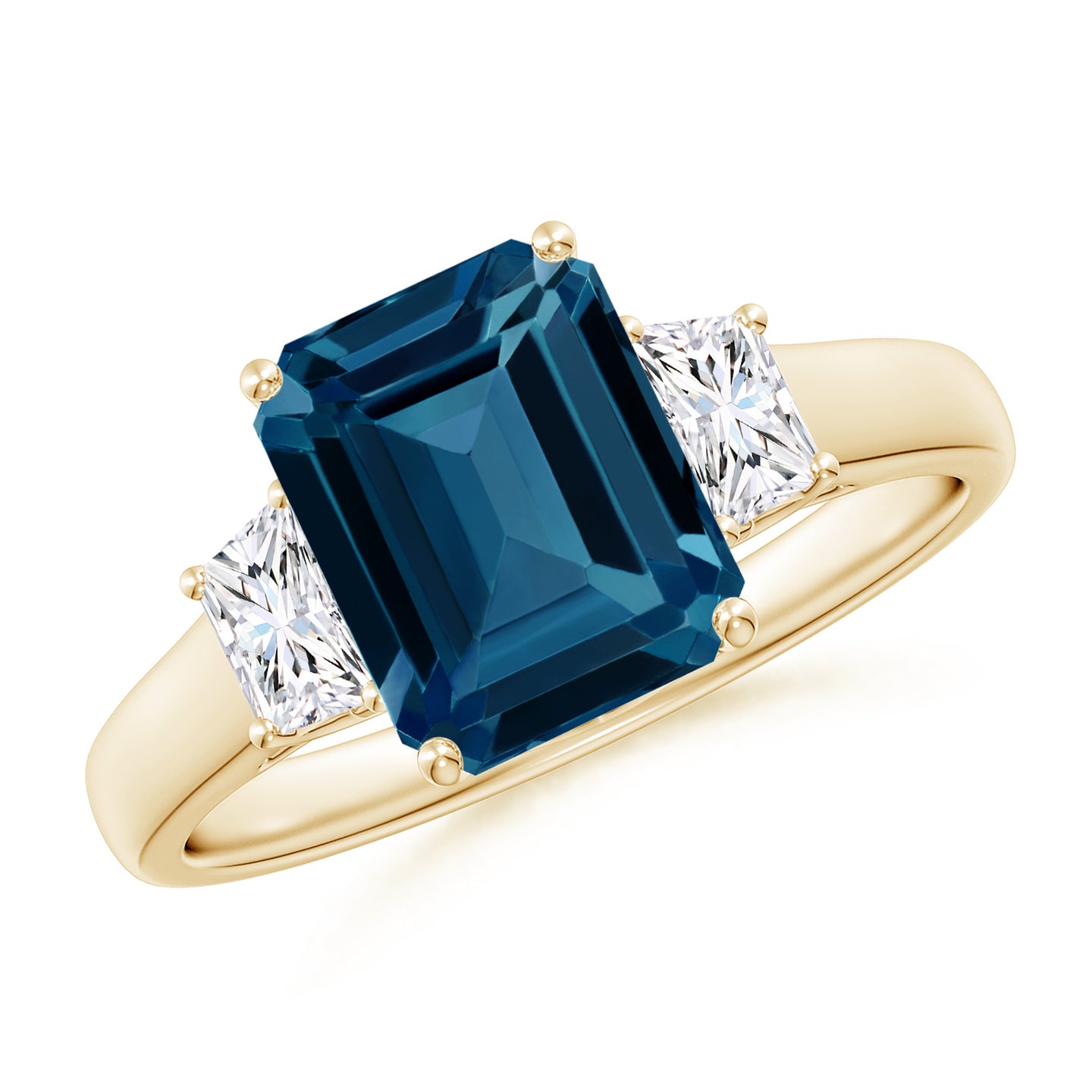 9x7mm AAAA Three Stone Emerald-Cut London Blue Topaz and Diamond Ring in Yellow Gold 9x7mm AAAA Three Stone Emerald-Cut London Blue Topaz and Diamond Ring in Yellow Gold