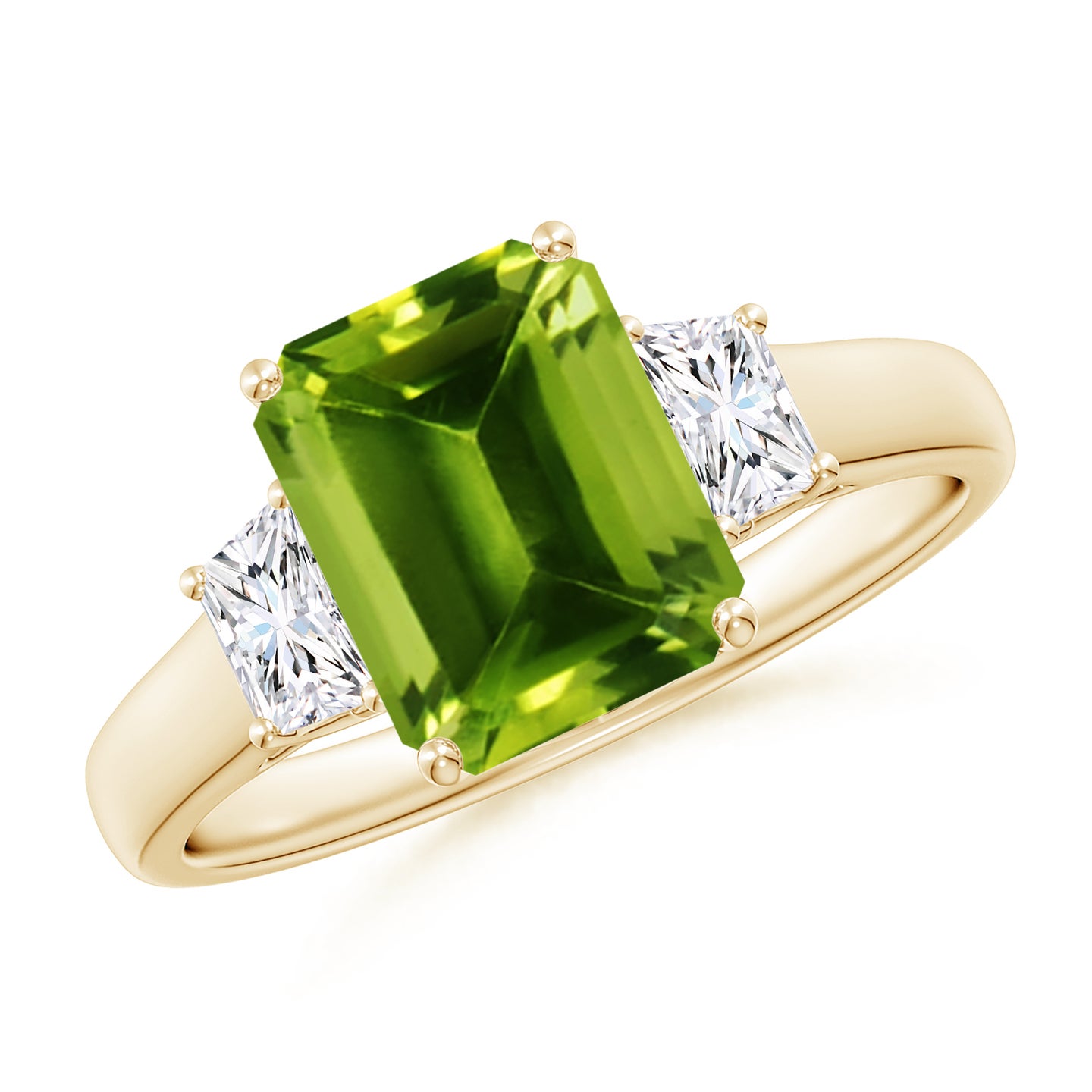 9x7mm AAAA Three Stone Emerald-Cut Peridot and Diamond Ring in Yellow Gold