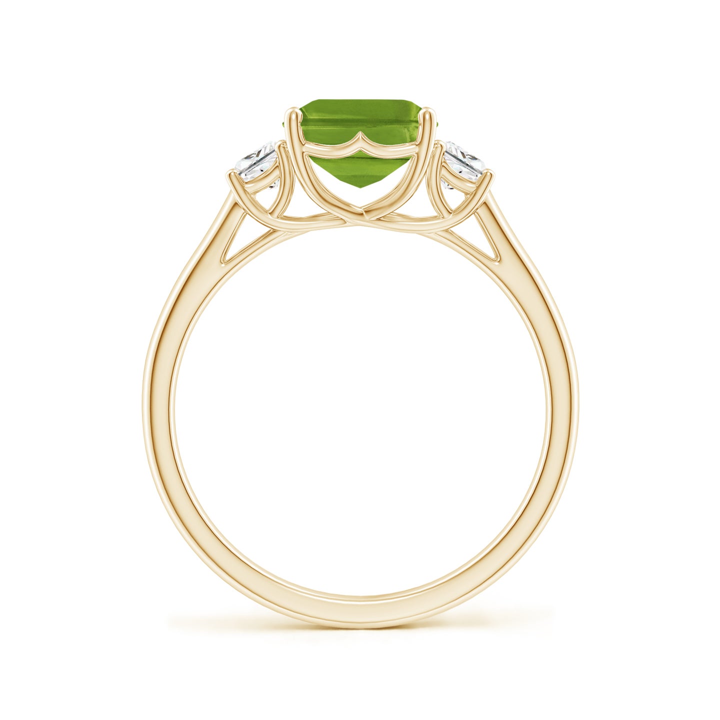 9x7mm AAAA Three Stone Emerald-Cut Peridot and Diamond Ring in Yellow Gold