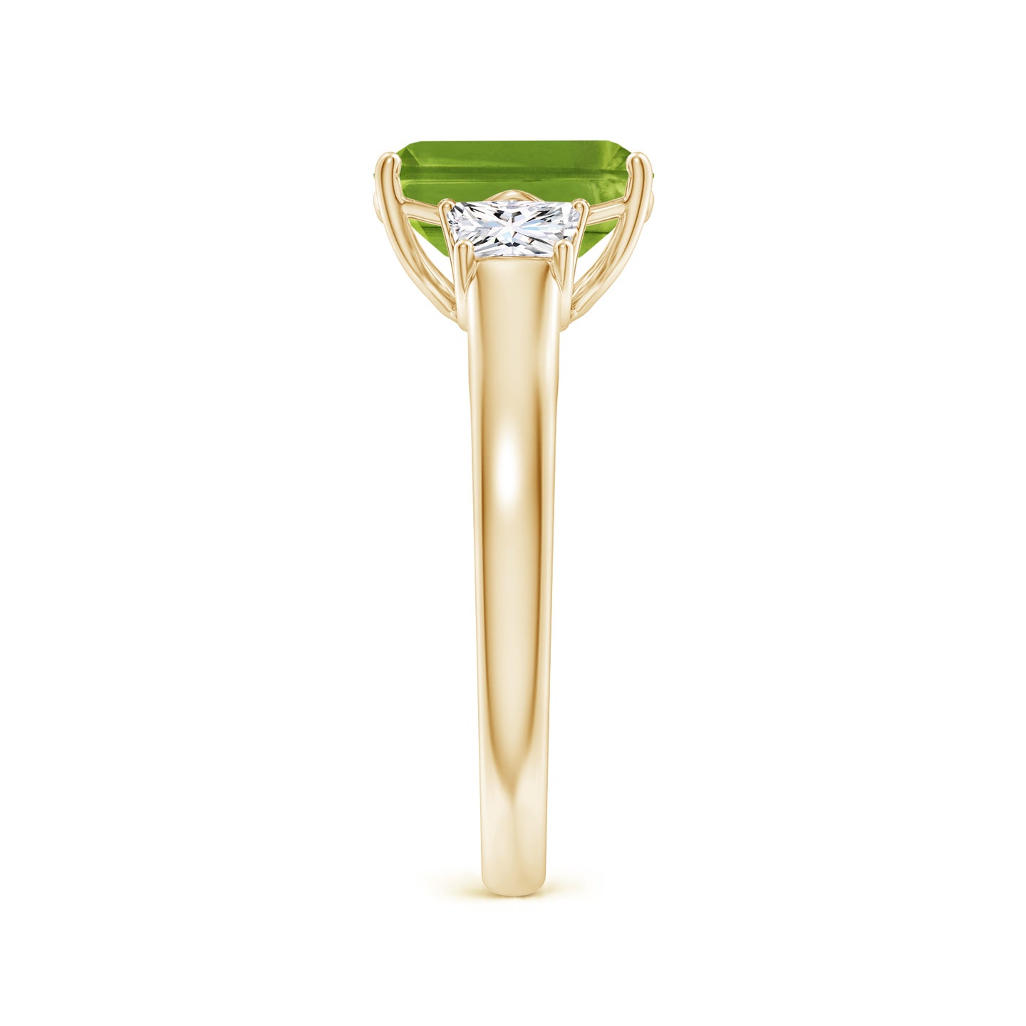 9x7mm AAAA Three Stone Emerald-Cut Peridot and Diamond Ring in Yellow Gold