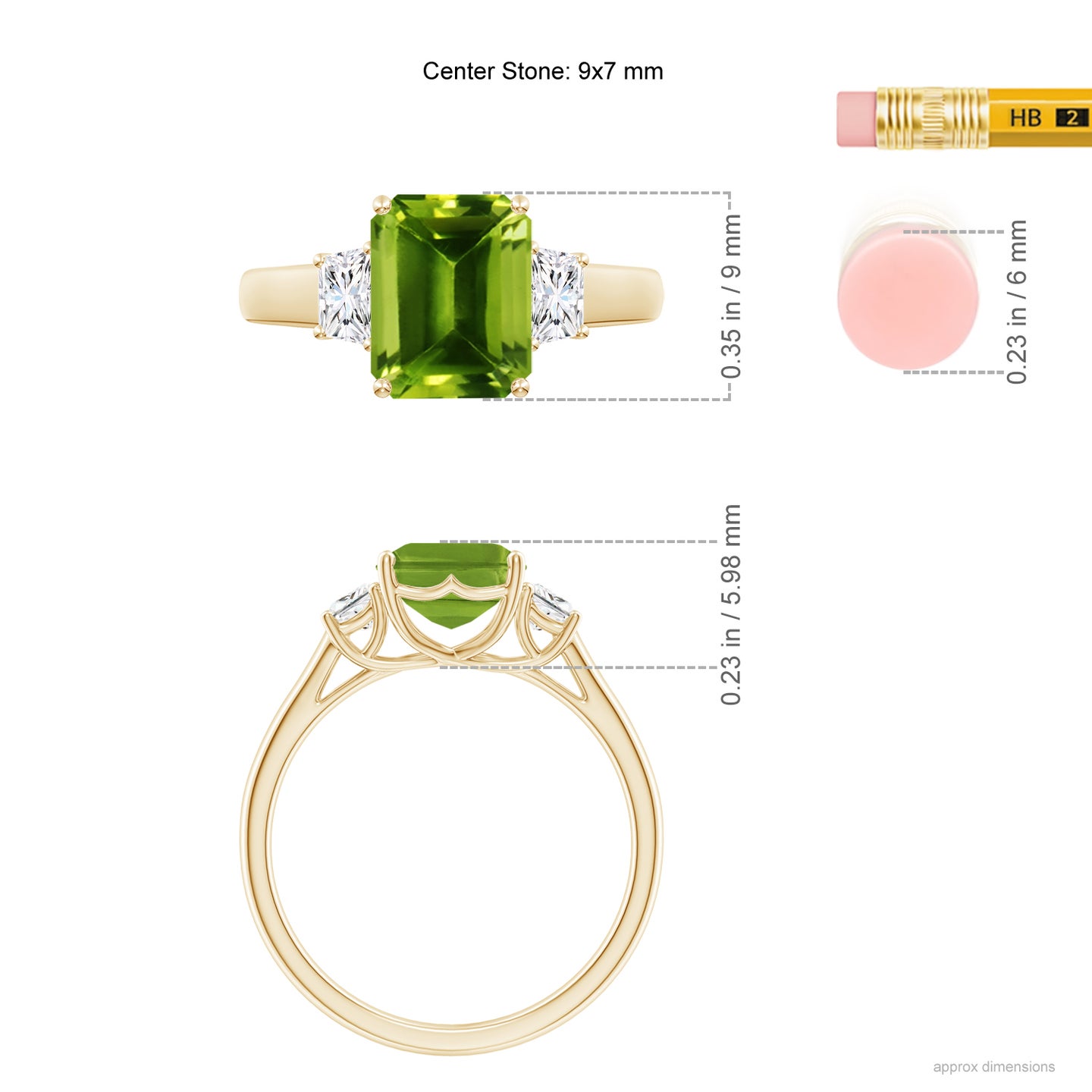 9x7mm AAAA Three Stone Emerald-Cut Peridot and Diamond Ring in Yellow Gold