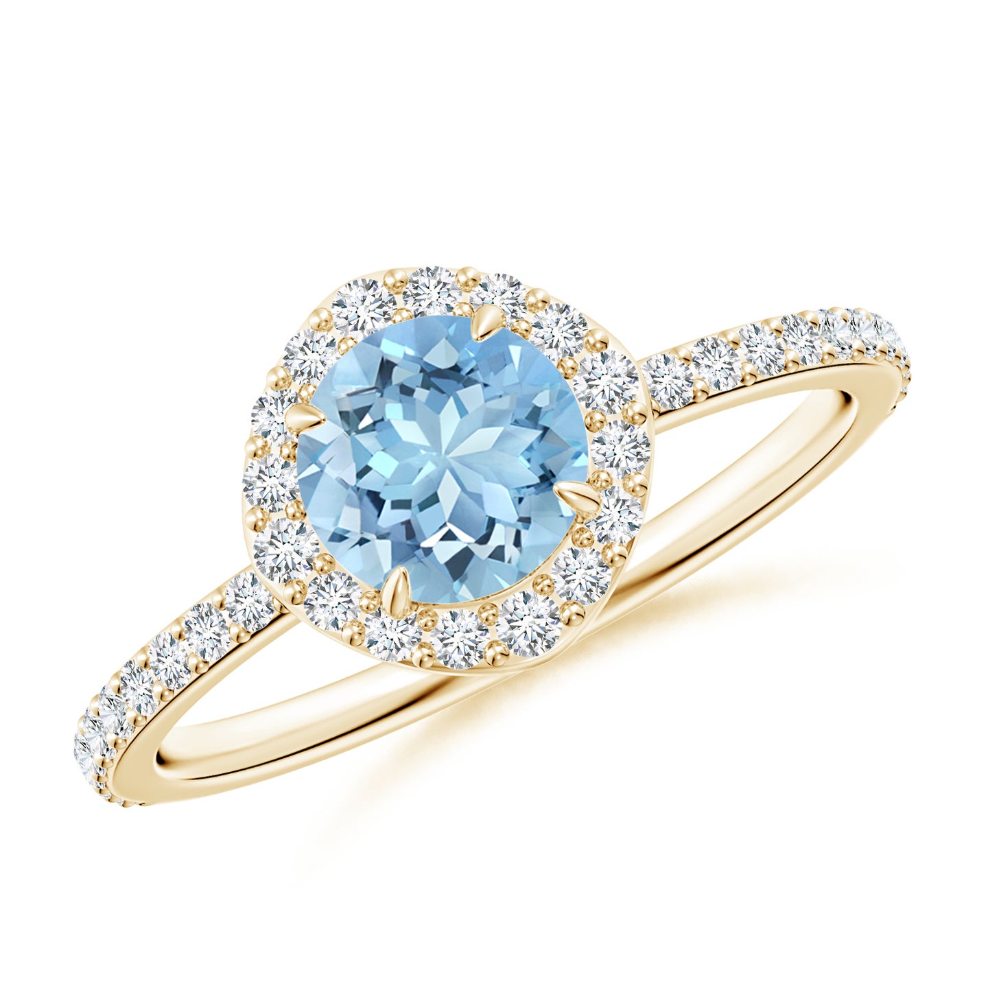 6mm AAAA Vintage Style Claw-Set Round Aquamarine Halo Ring in Yellow Gold