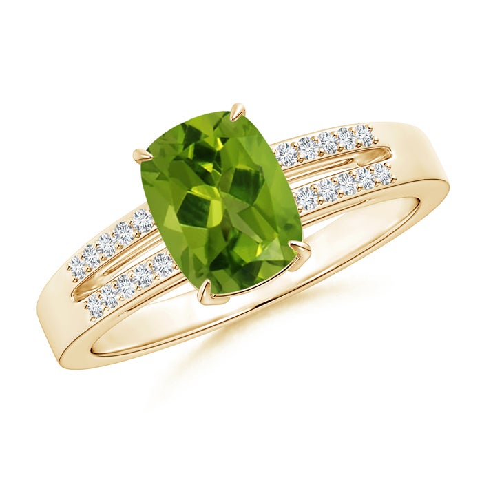8x6mm AAAA Cushion Peridot Split Shank Ring with Diamond Accents in Yellow Gold