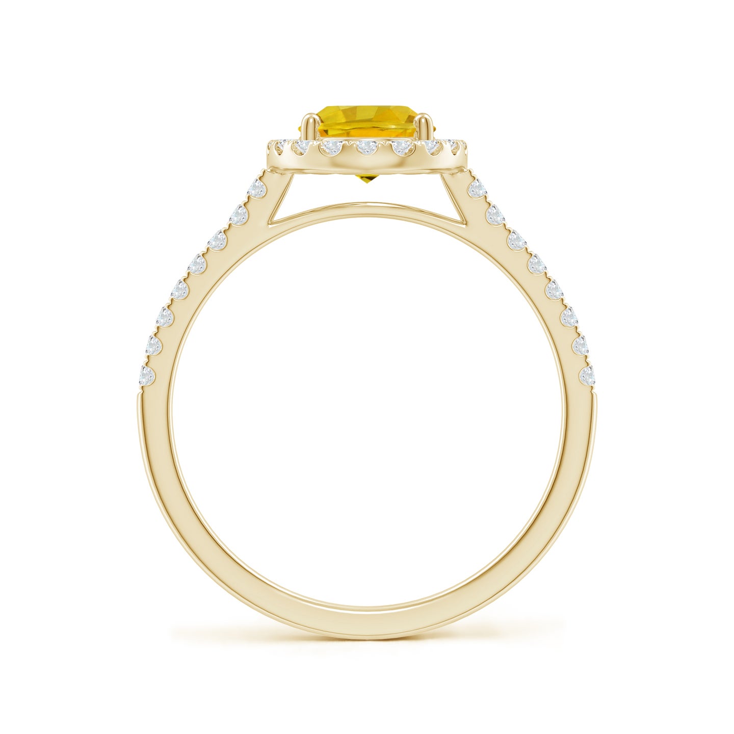 8x6mm AAAA Double Claw-Set Oval Yellow Sapphire Halo Ring with Diamonds in Yellow Gold