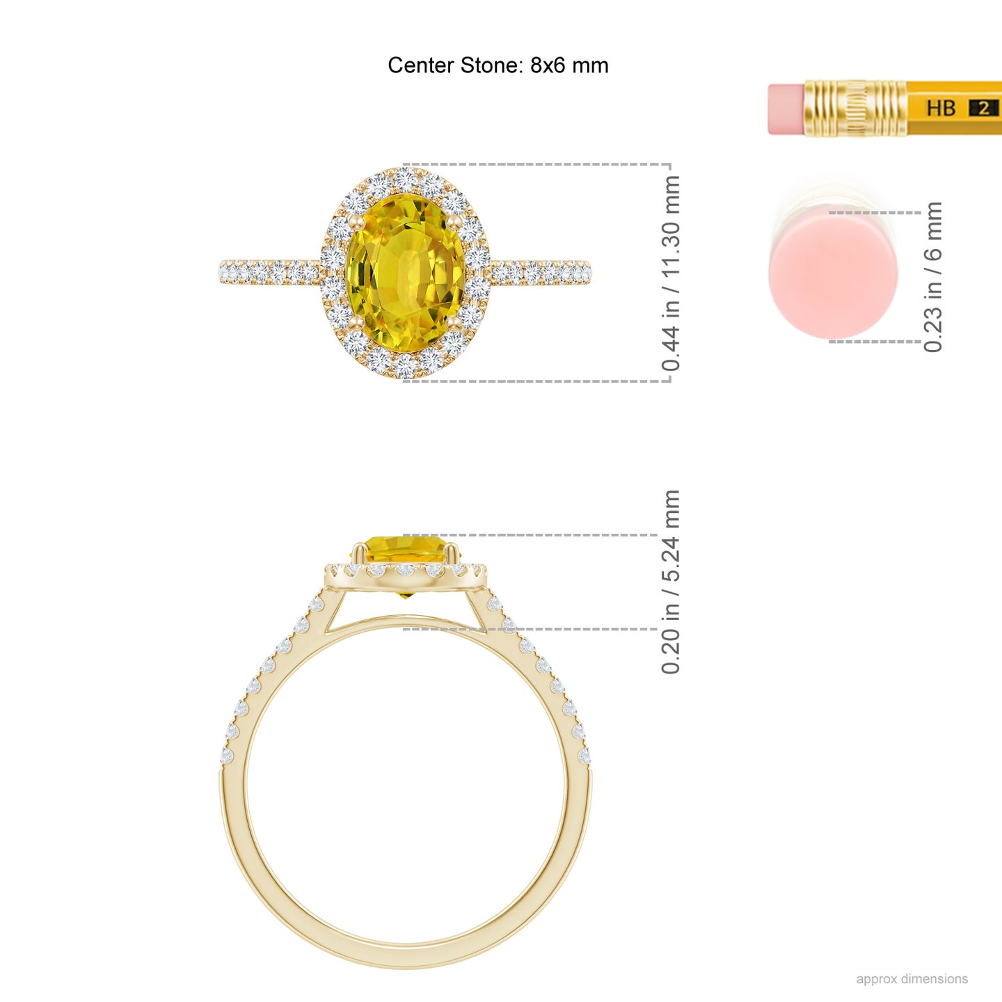 8x6mm AAAA Double Claw-Set Oval Yellow Sapphire Halo Ring with Diamonds in Yellow Gold