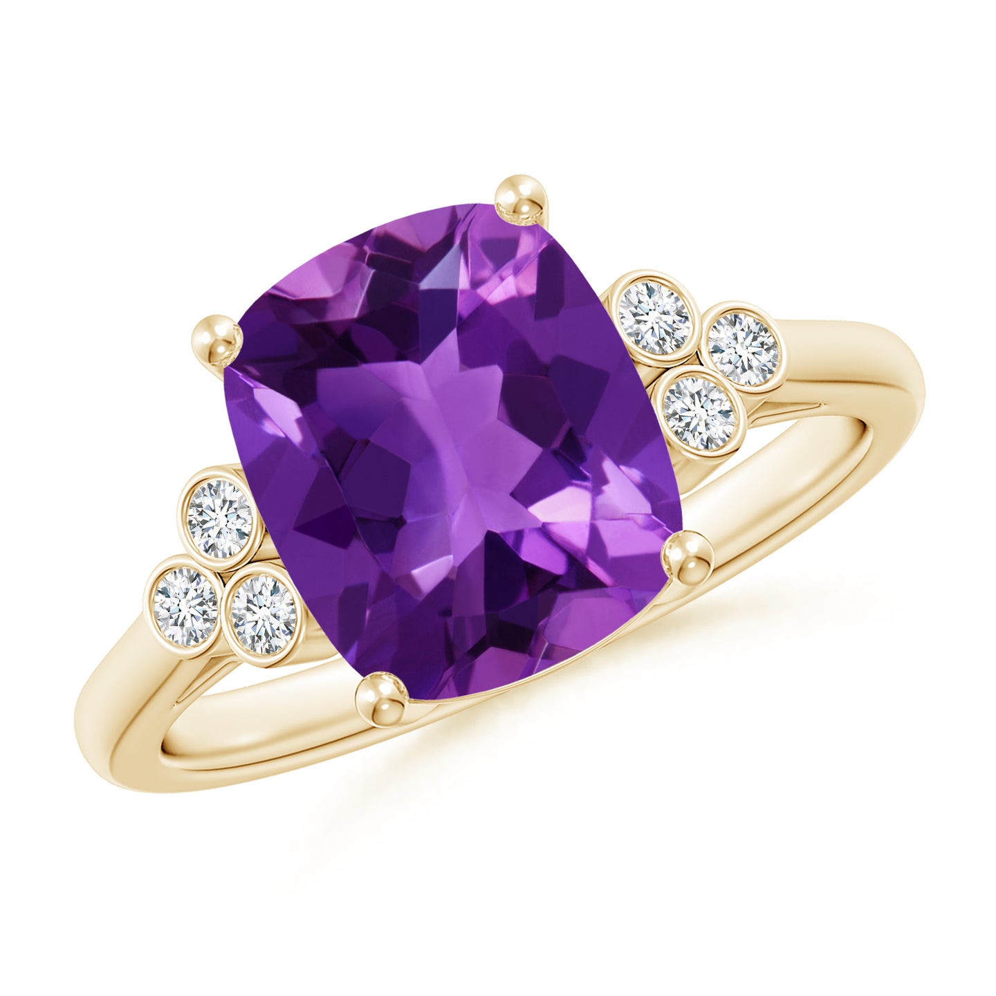 Cushion Amethyst Ring with Trio Bezel Diamonds