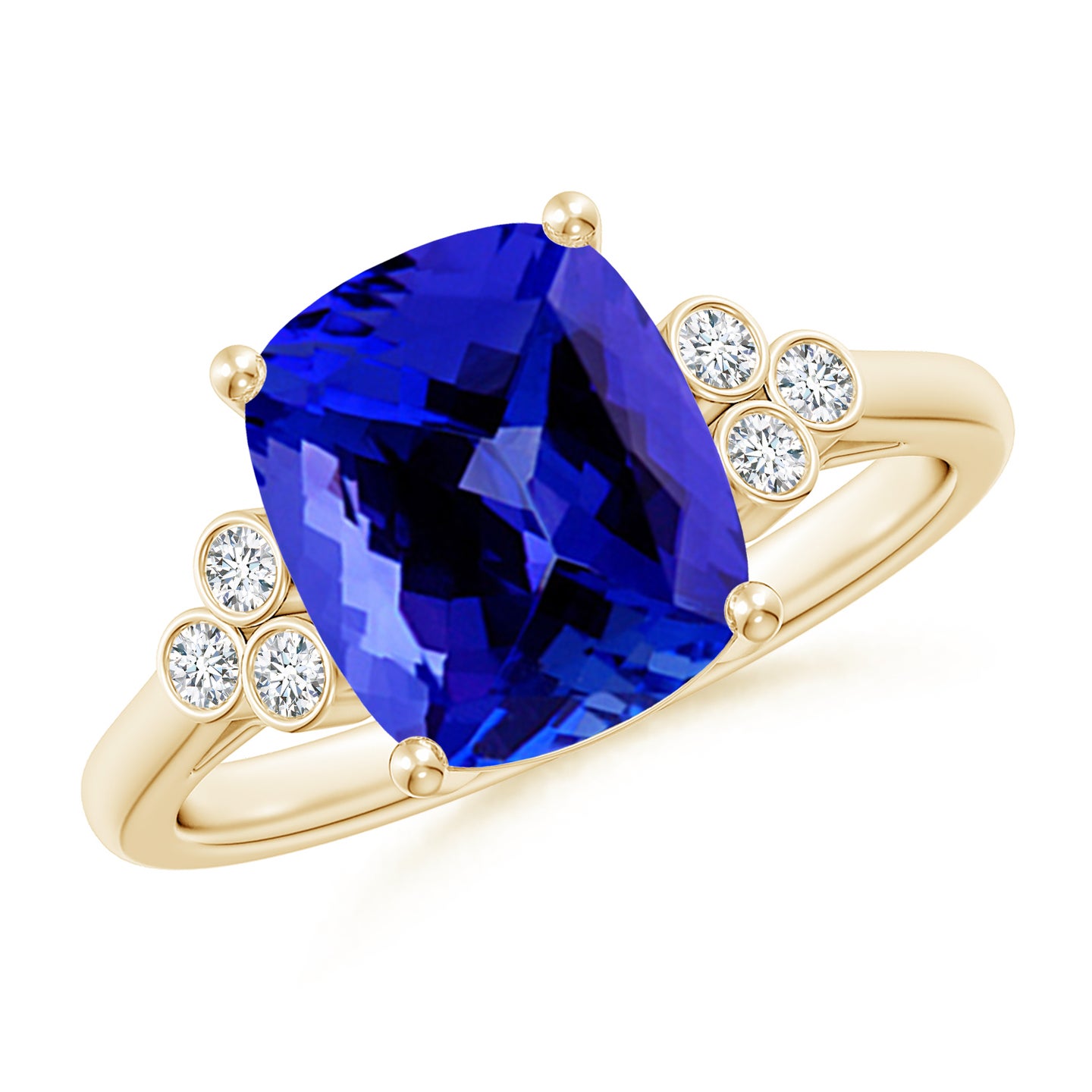 Cushion Tanzanite Ring with Trio Bezel Diamonds