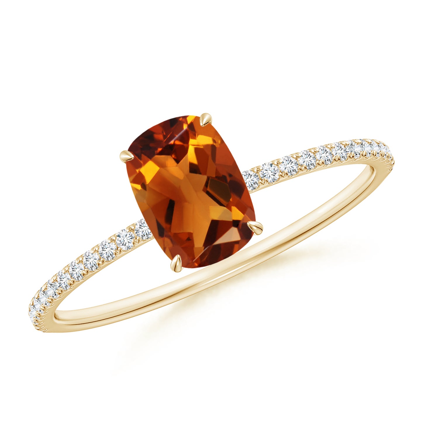 7x5mm AAAA Thin Shank Cushion Cut Citrine Ring With Diamond Accents in Yellow Gold