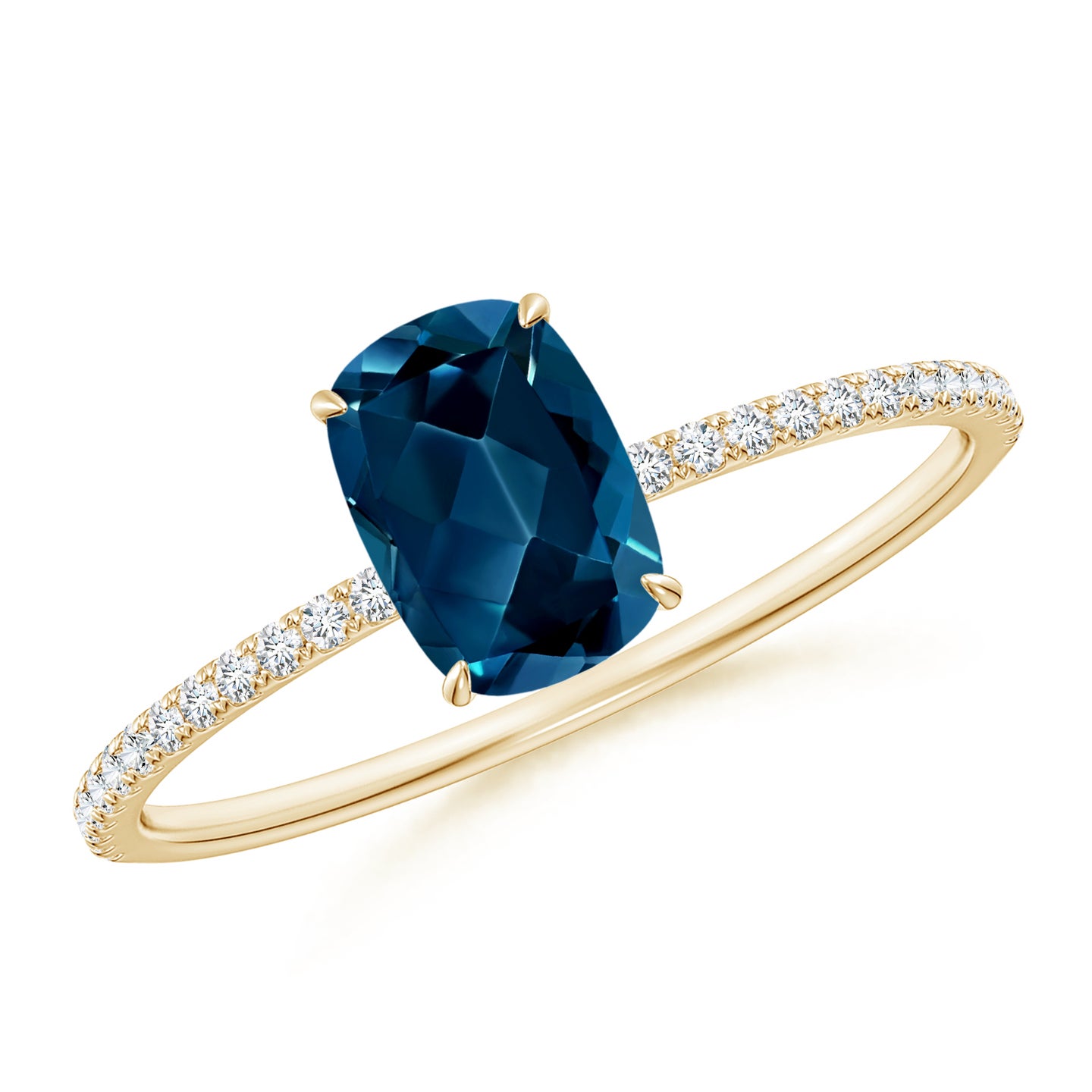 7x5mm AAAA Thin Shank Cushion London Blue Topaz Ring with Diamonds in Yellow Gold 7x5mm AAAA Thin Shank Cushion London Blue Topaz Ring with Diamonds in Yellow Gold