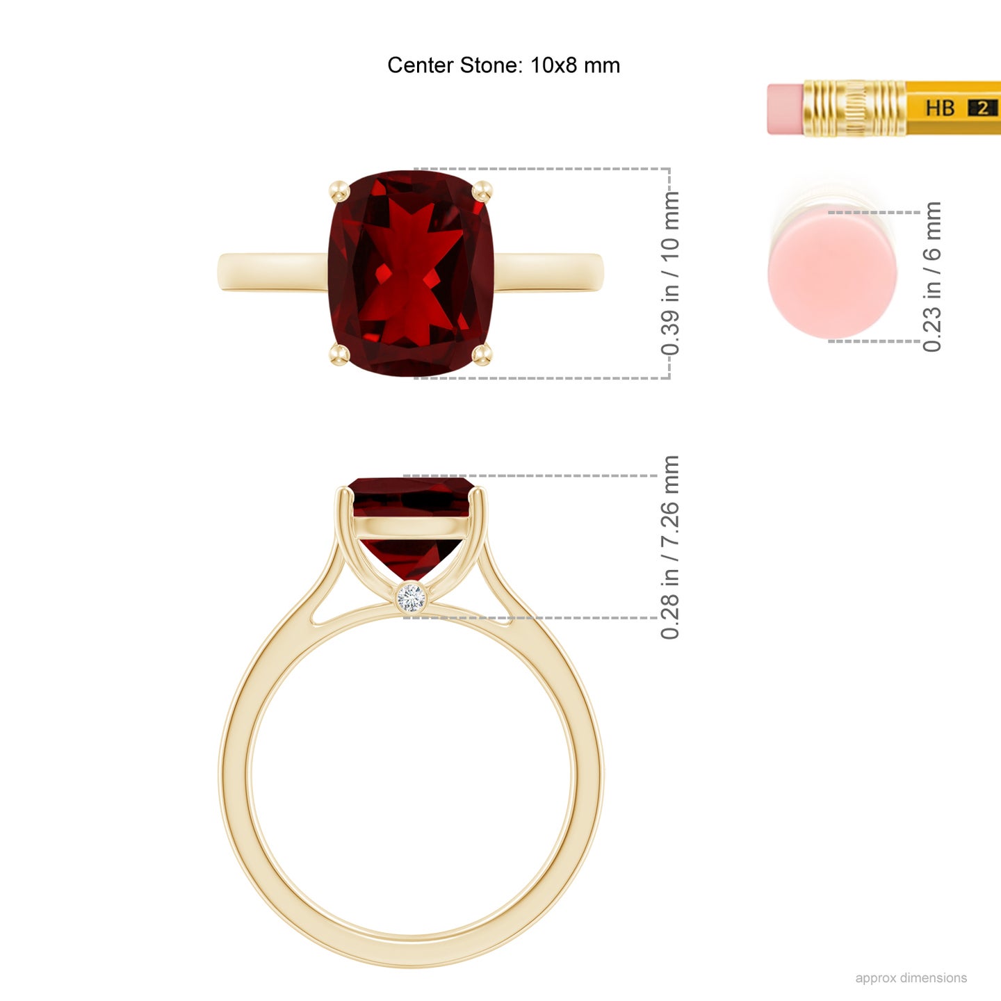 10x8mm AAAA Classic Cushion Garnet Solitaire Ring with Hidden Accents in Yellow Gold