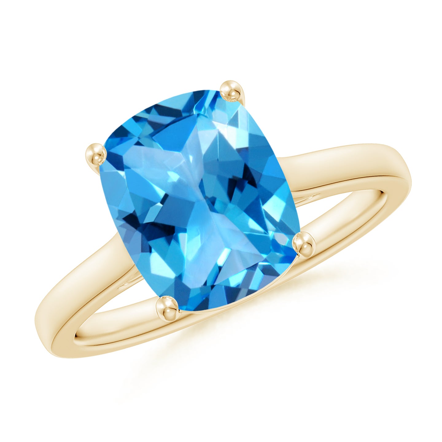 10x8mm AAAA Classic Cushion Swiss Blue Topaz Solitaire Ring with Hidden Accents in Yellow Gold