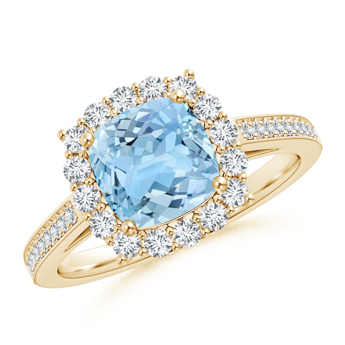Cushion Aquamarine Cocktail Ring with Diamond Halo
