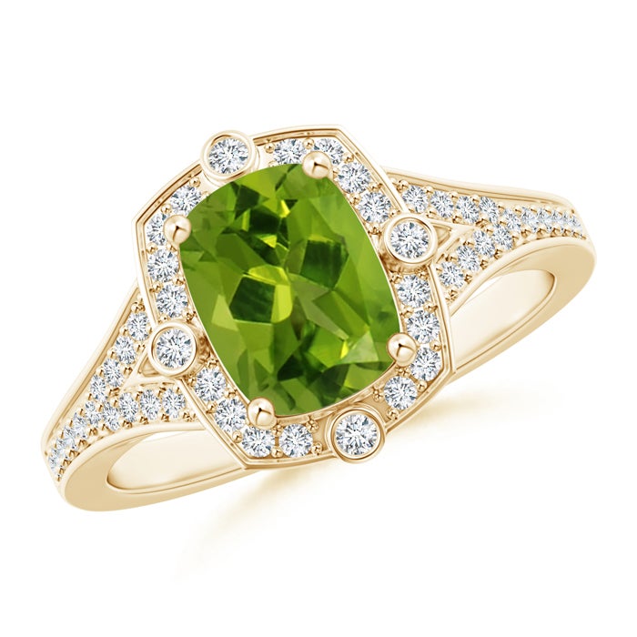 8x6mm AAAA Art Deco Inspired Cushion Peridot Ring with Diamond Halo in Yellow Gold