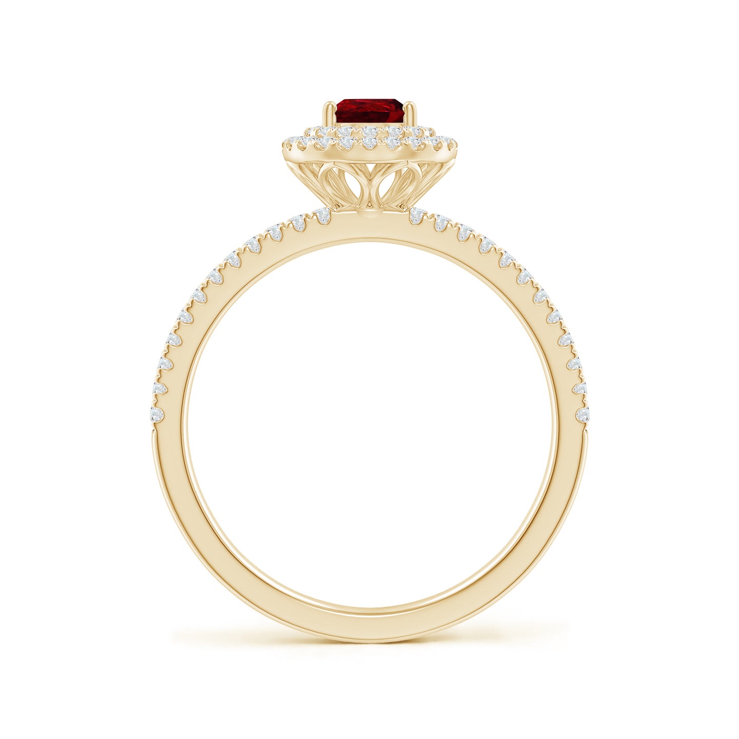 Split Shank Pear Ruby And Diamond Double Halo Ring