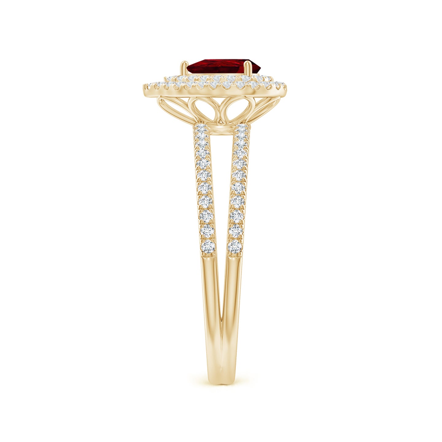 Split Shank Pear Ruby And Diamond Double Halo Ring