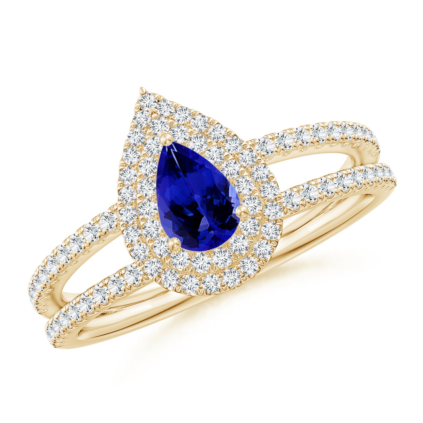 Split Shank Pear Tanzanite and Diamond Double Halo Ring