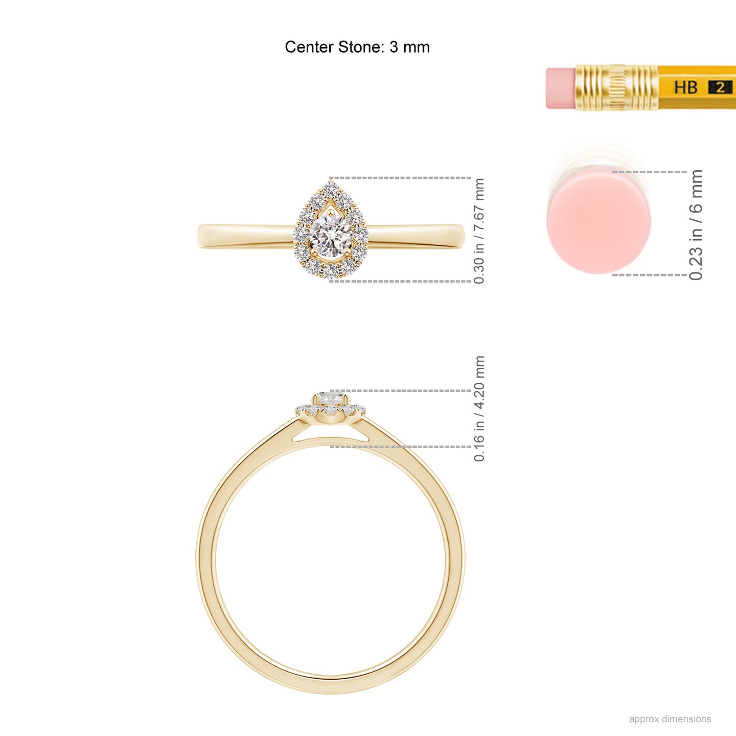 3mm IJI1I2 Floating Round Diamond Pear Halo Ring in Yellow Gold