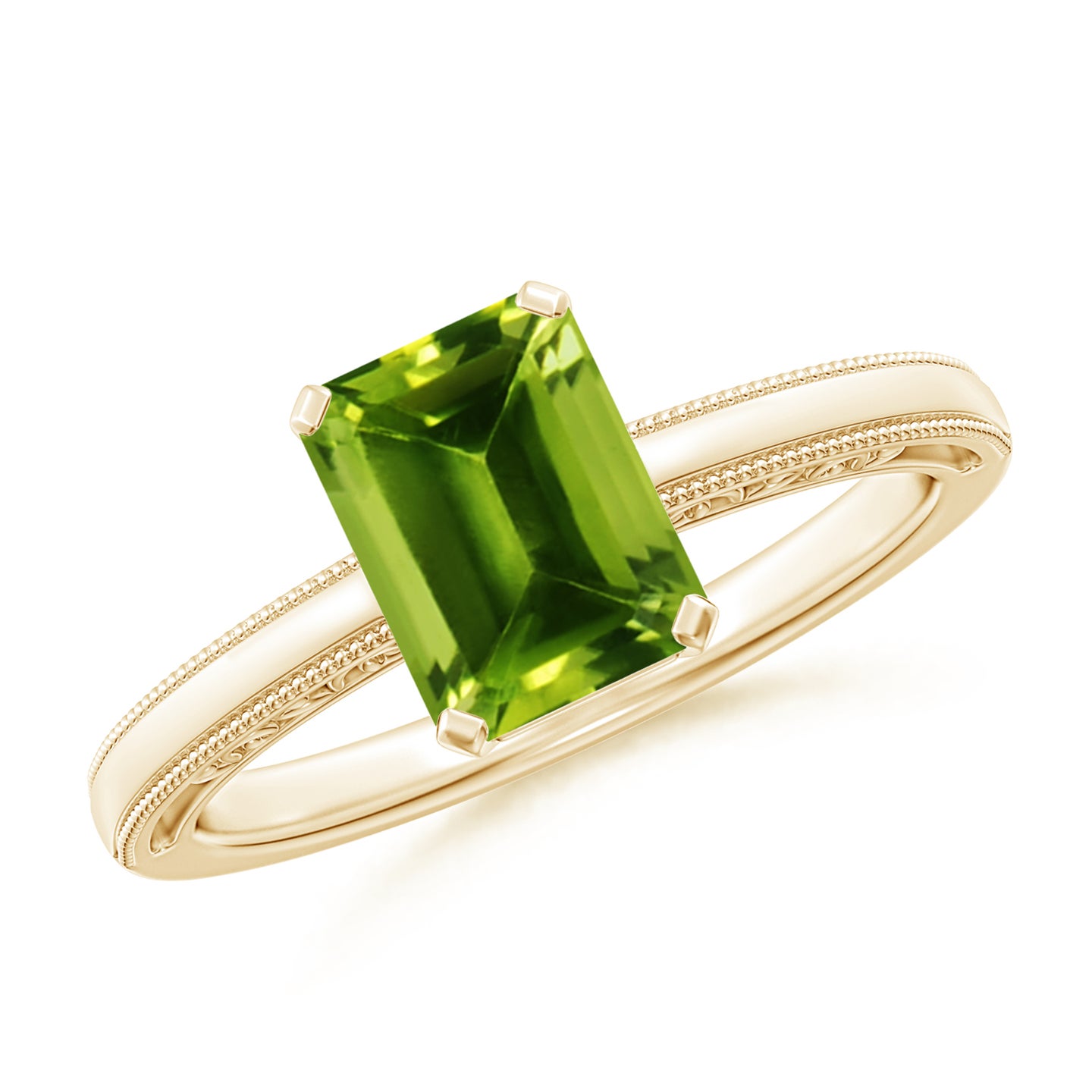 8x6mm AAAA Emerald Cut Peridot Solitaire Ring with Milgrain in Yellow Gold
