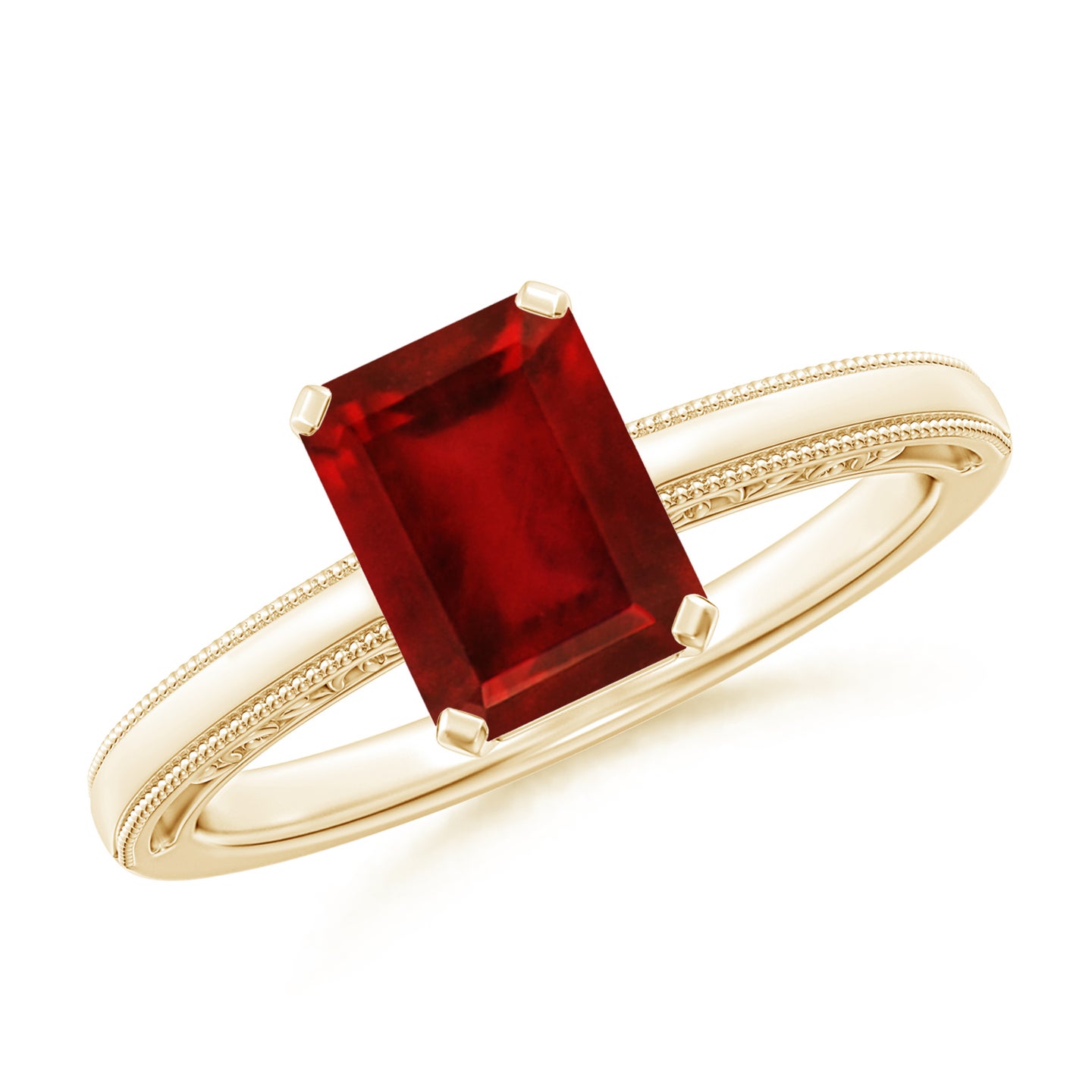 8x6mm AAAA Emerald Cut Ruby Solitaire Ring with Milgrain in Yellow Gold