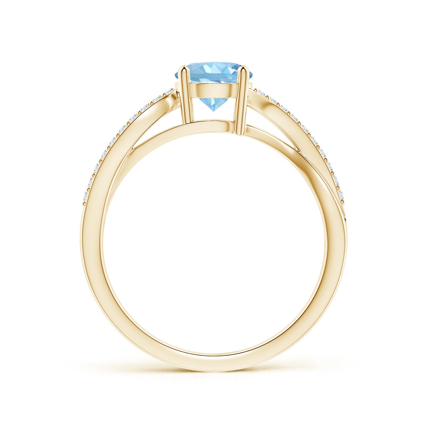 6mm AAAA Solitaire Aquamarine Twisted Split Shank Ring in Yellow Gold