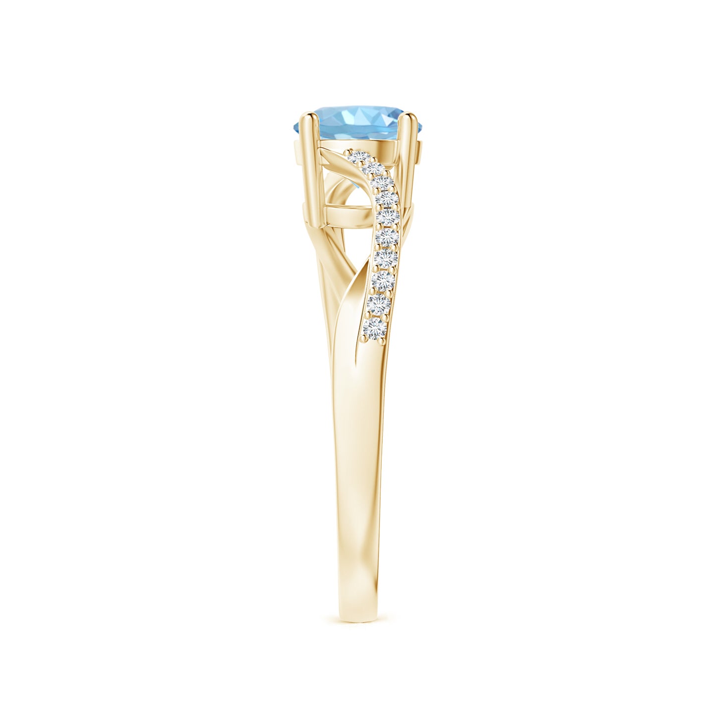 6mm AAAA Solitaire Aquamarine Twisted Split Shank Ring in Yellow Gold