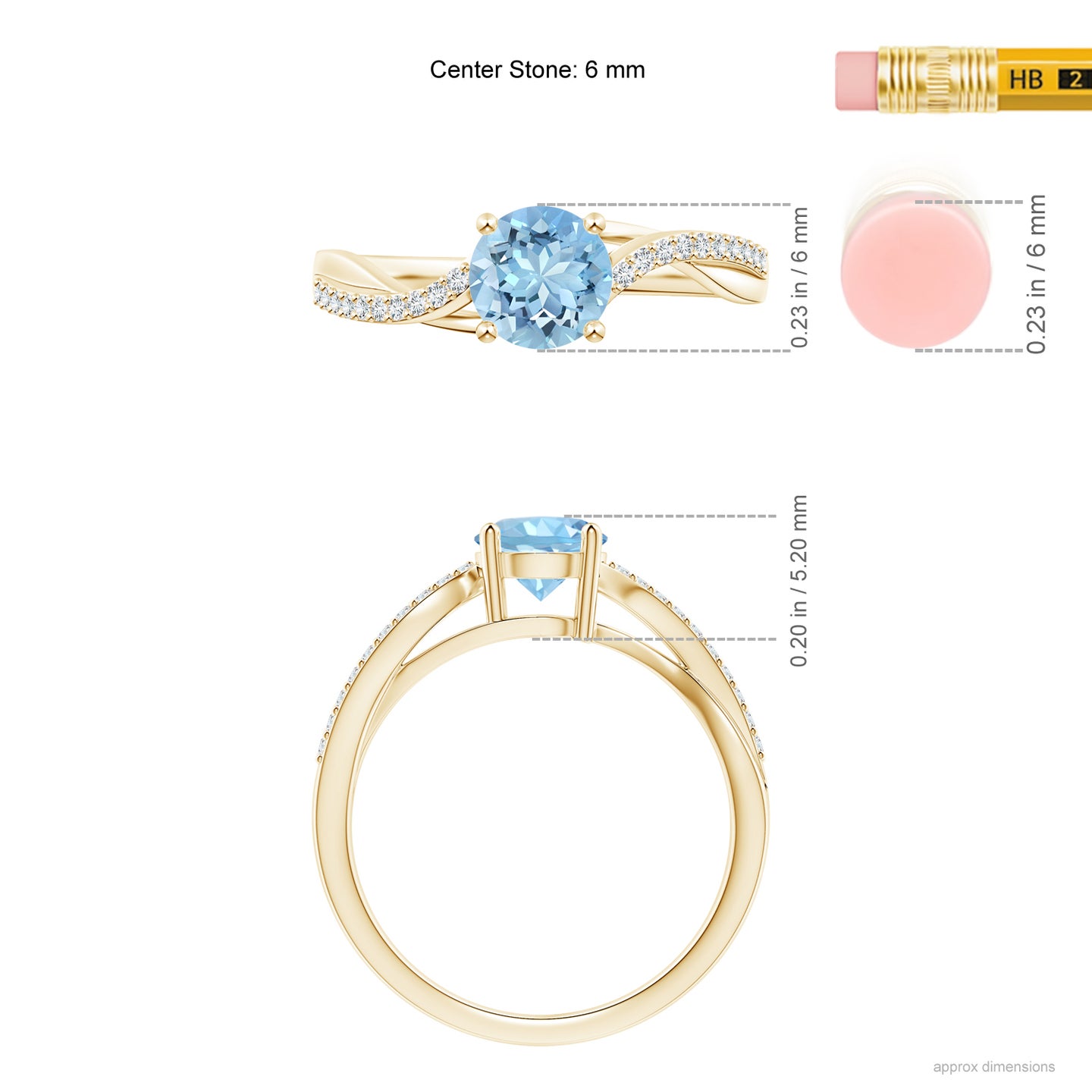 6mm AAAA Solitaire Aquamarine Twisted Split Shank Ring in Yellow Gold