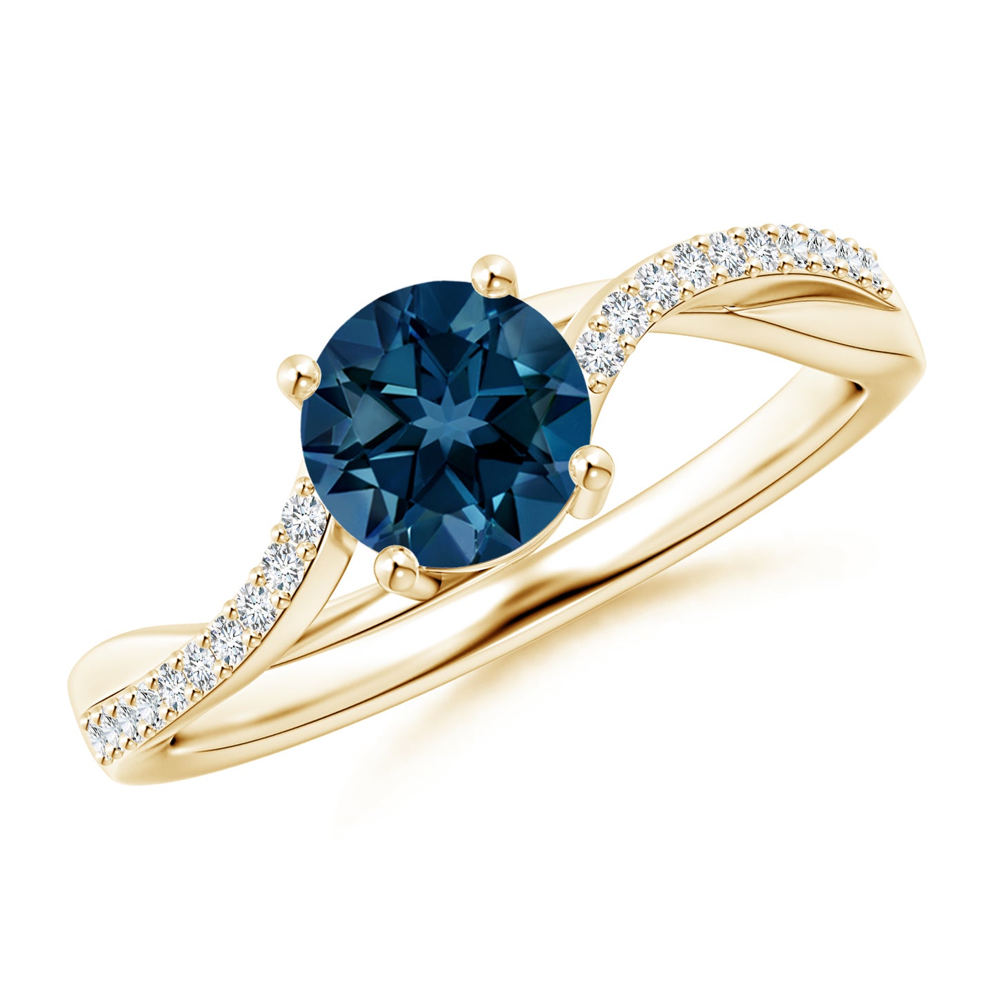 6mm AAAA Solitaire London Blue Topaz Twisted Split Shank Ring in Yellow Gold 6mm AAAA Solitaire London Blue Topaz Twisted Split Shank Ring in Yellow Gold