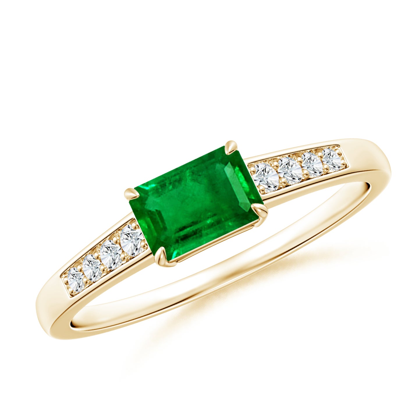 6x4mm AAAA East West Emerald-Cut Emerald Solitaire Ring with Diamond Accents in Yellow Gold 6x4mm AAAA East West Emerald-Cut Emerald Solitaire Ring with Diamond Accents in Yellow Gold