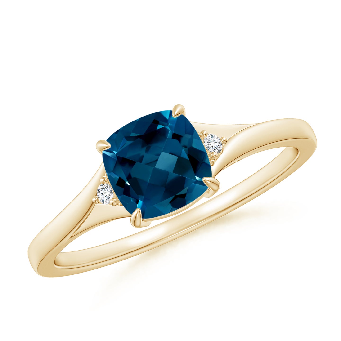 6mm AAAA Split Shank Cushion London Blue Topaz Solitaire Ring in Yellow Gold 6mm AAAA Split Shank Cushion London Blue Topaz Solitaire Ring in Yellow Gold