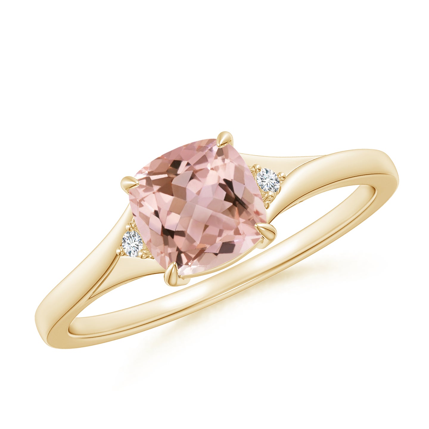 6mm AAAA Split Shank Cushion Morganite Solitaire Ring in Yellow Gold 6mm AAAA Split Shank Cushion Morganite Solitaire Ring in Yellow Gold