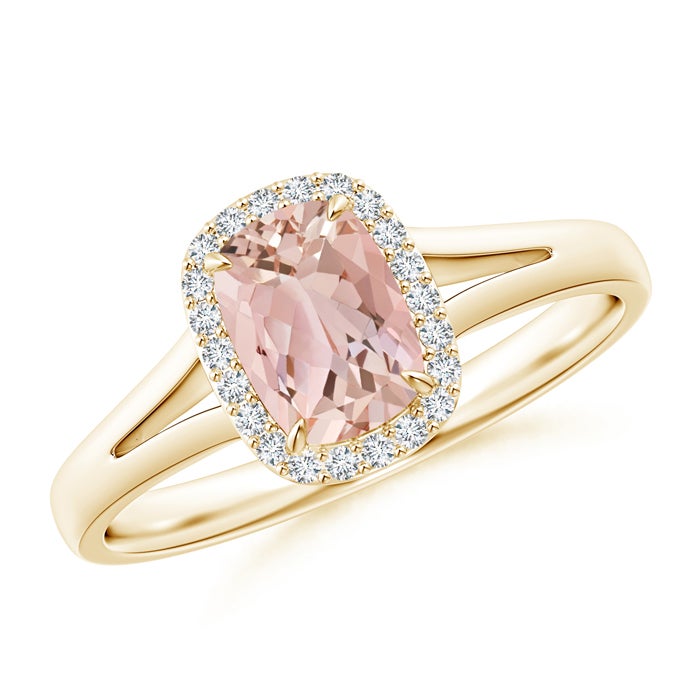 7x5mm AAAA Claw-Set Cushion Morganite Halo Split Shank Ring in Yellow Gold 7x5mm AAAA Claw-Set Cushion Morganite Halo Split Shank Ring in Yellow Gold