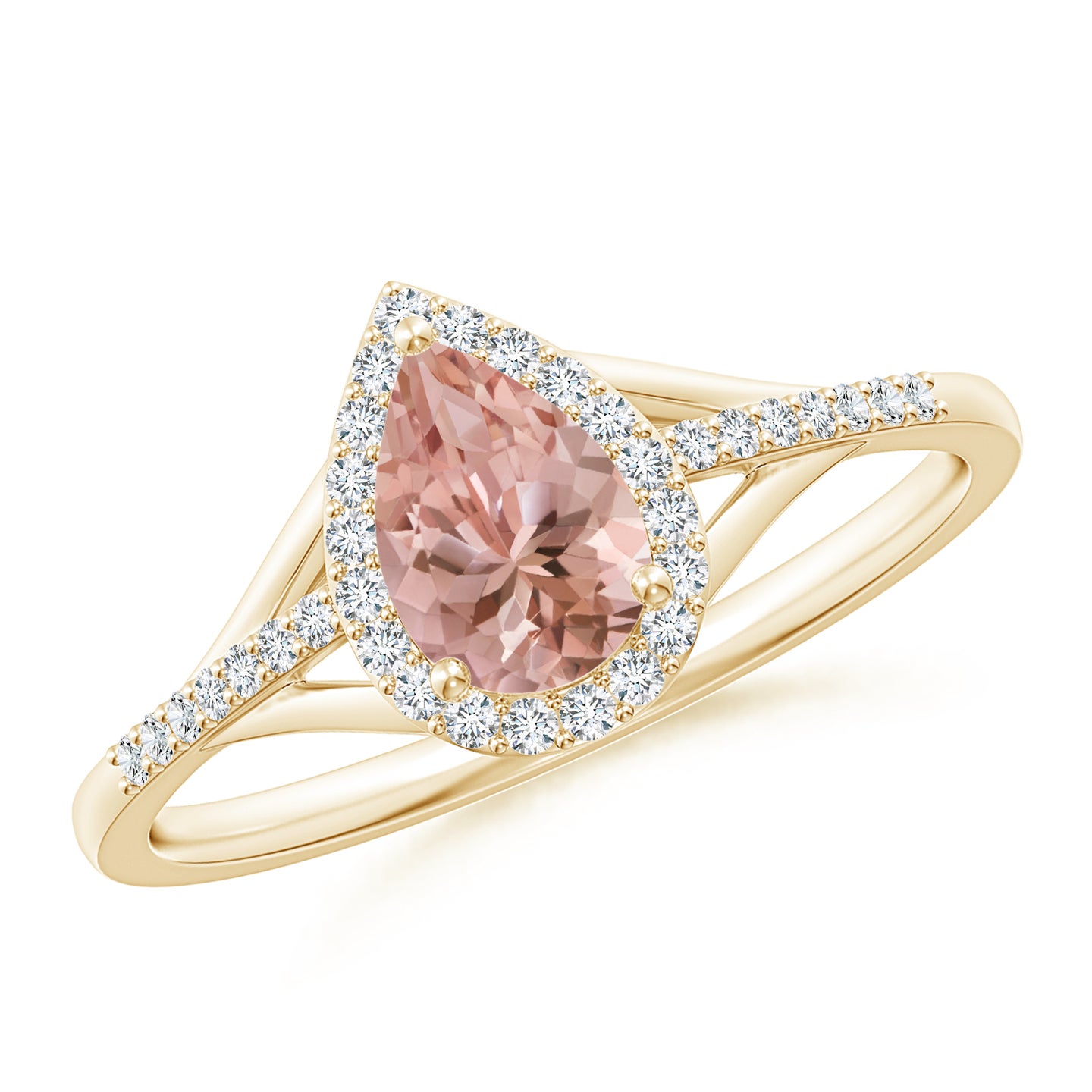 7x5mm AAAA Pear-Shaped Morganite Ring with Diamond Halo in Yellow Gold 7x5mm AAAA Pear-Shaped Morganite Ring with Diamond Halo in Yellow Gold
